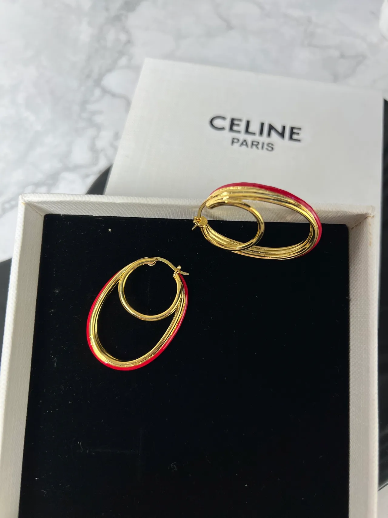 Celine Red Gold Double-Hoop Oval Earrings