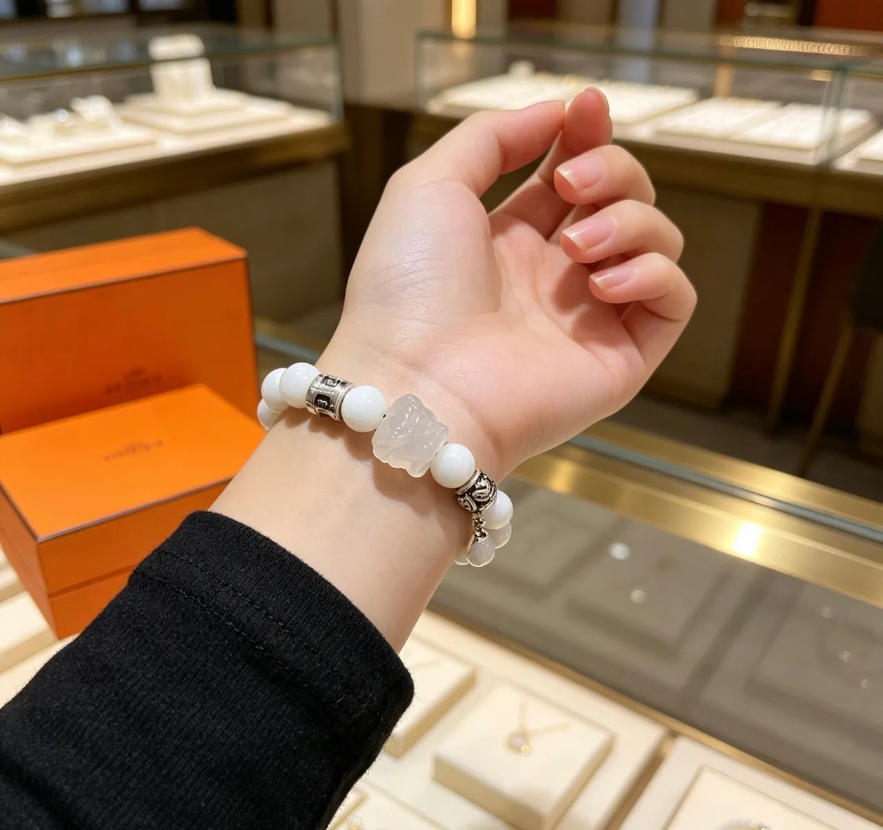 Hermès White Silver Stone Beads Metal Accents Bracelet