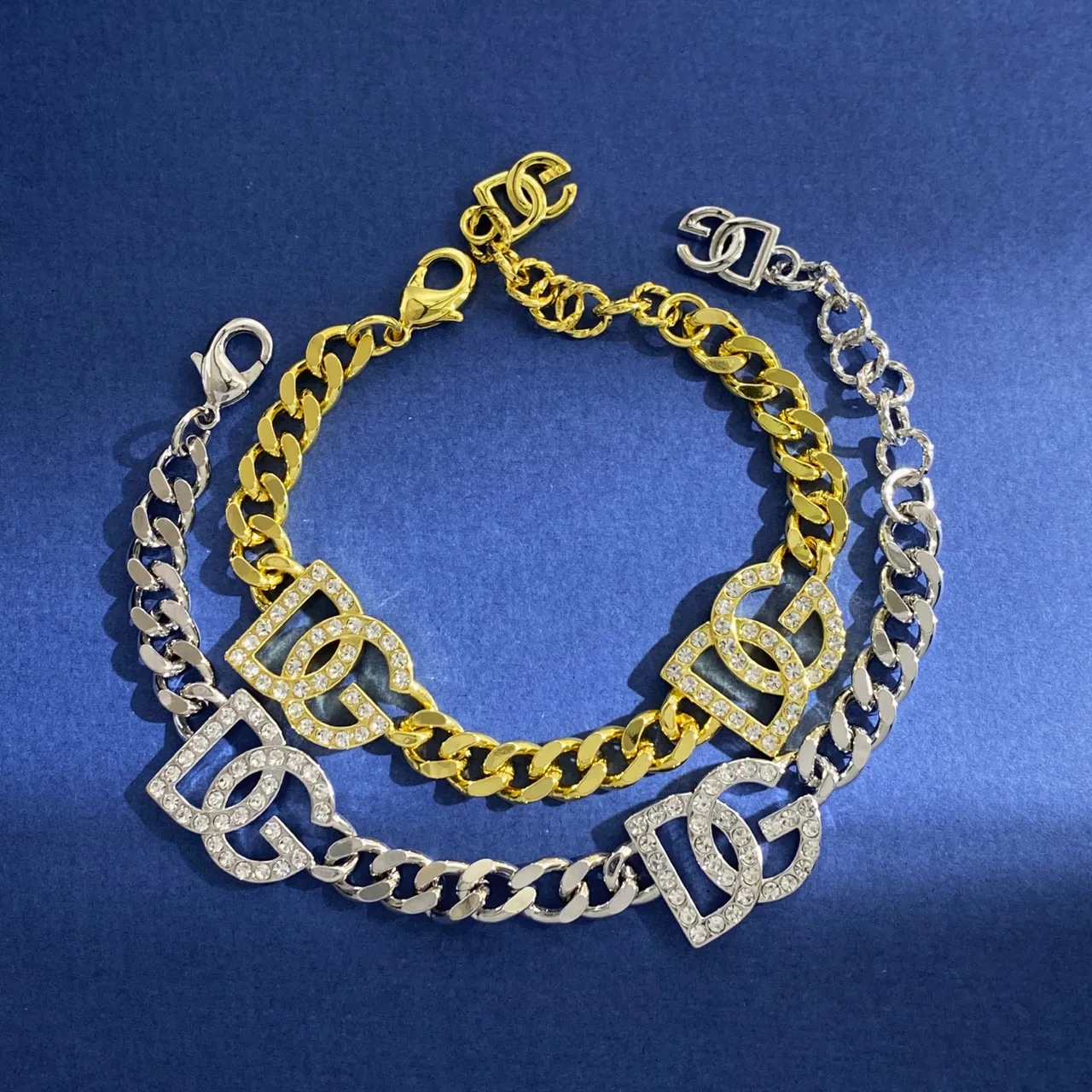 Gold Silver Curb Chain Pavé Crystal Charms Bracelet