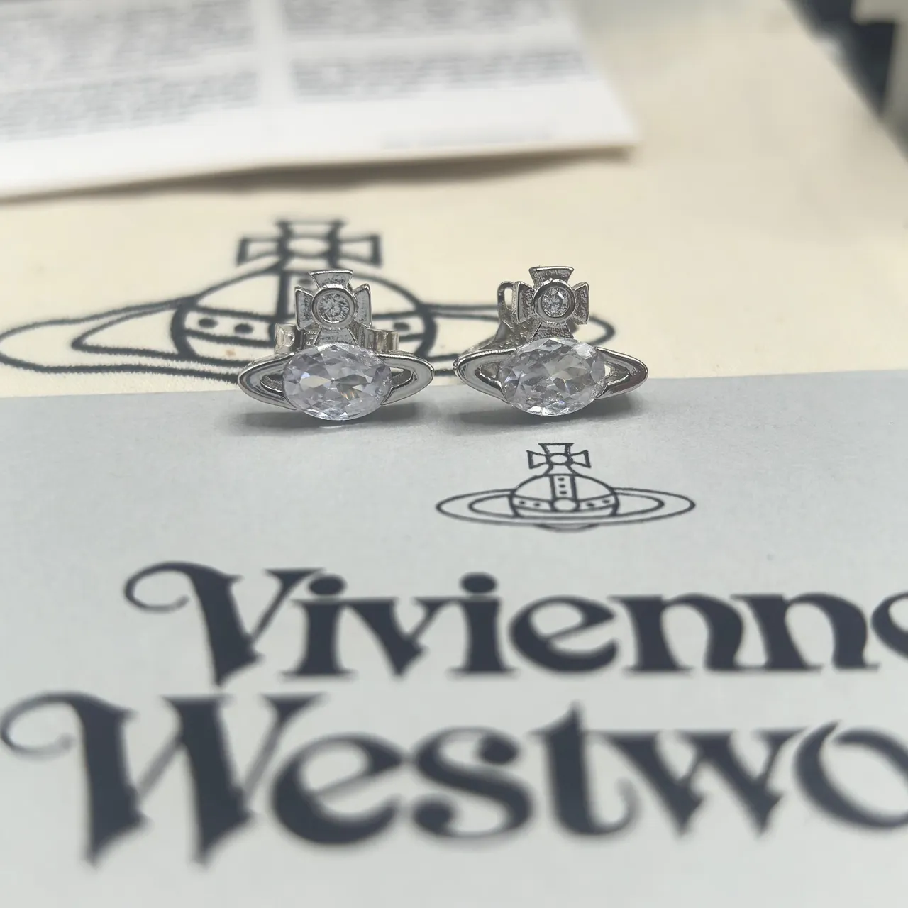 Vivienne Westwood Orb Multicolor Silver Motif Faceted Oval Stone Earrings