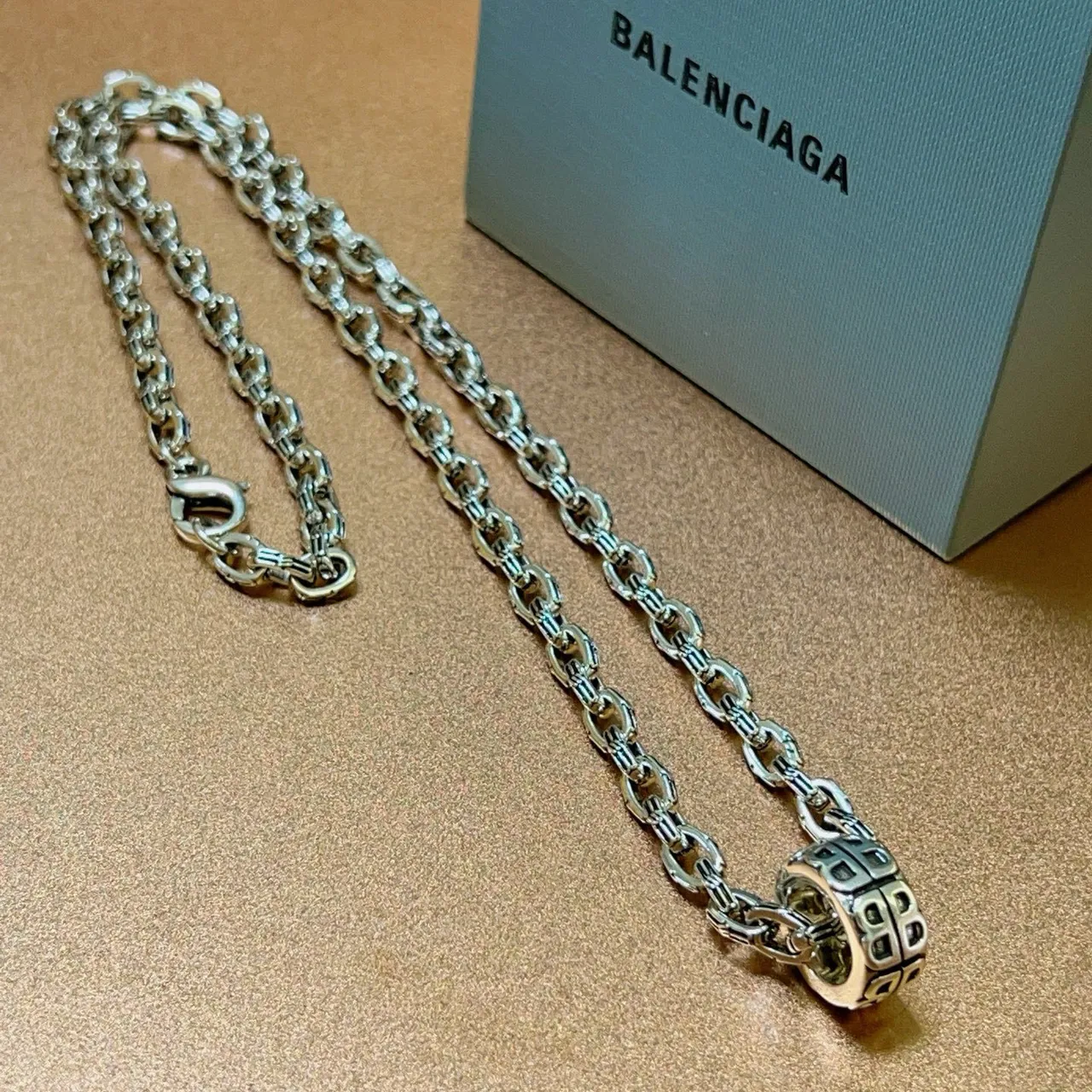 Balenciaga BB Motif Pendant Silver Chain Necklace