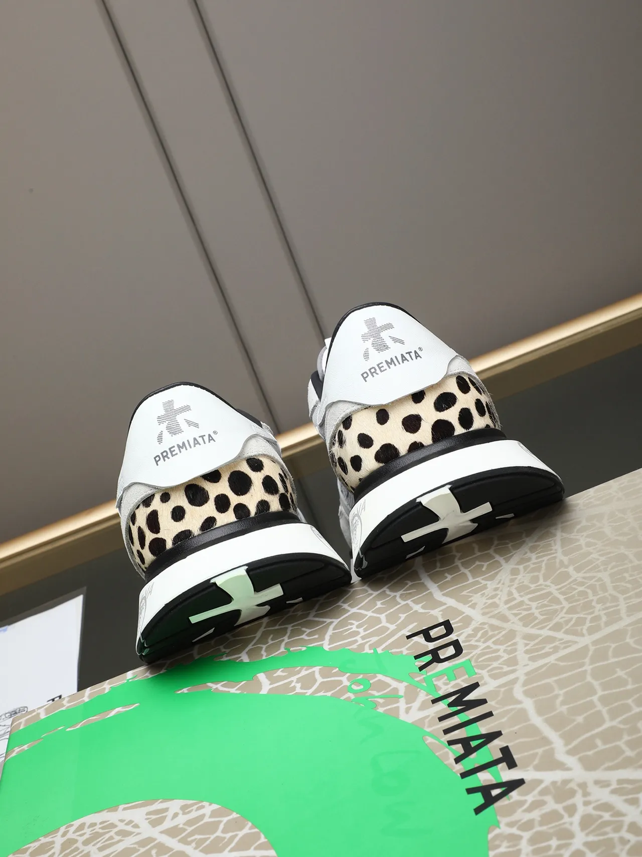 Premiata White Gray Mixed-Material Upper Leopard-Print Heel Accent Sneakers