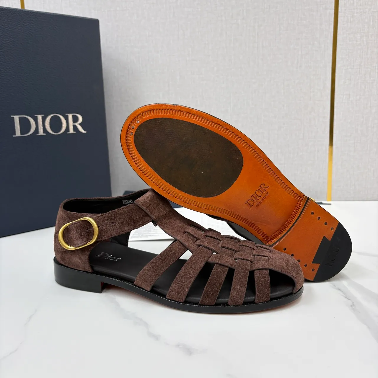Dior Brown Black Woven Suede T-Strap Gladiator Sandals