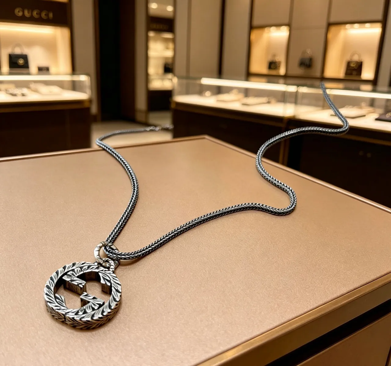Gucci Silver Braided Rope Chain Interlocking GG Pendant Necklace