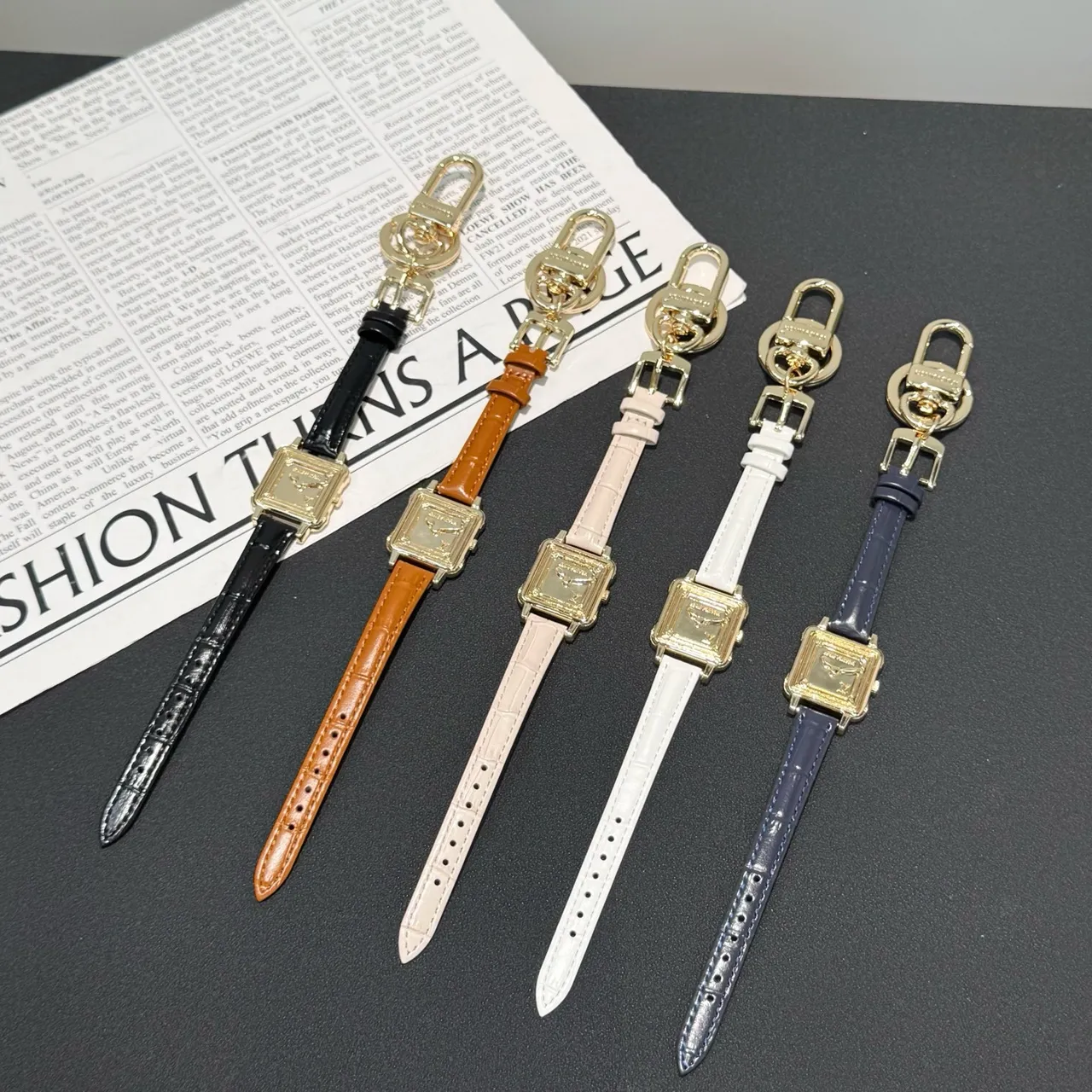Gold Square Case Textured Leather Strap Watch