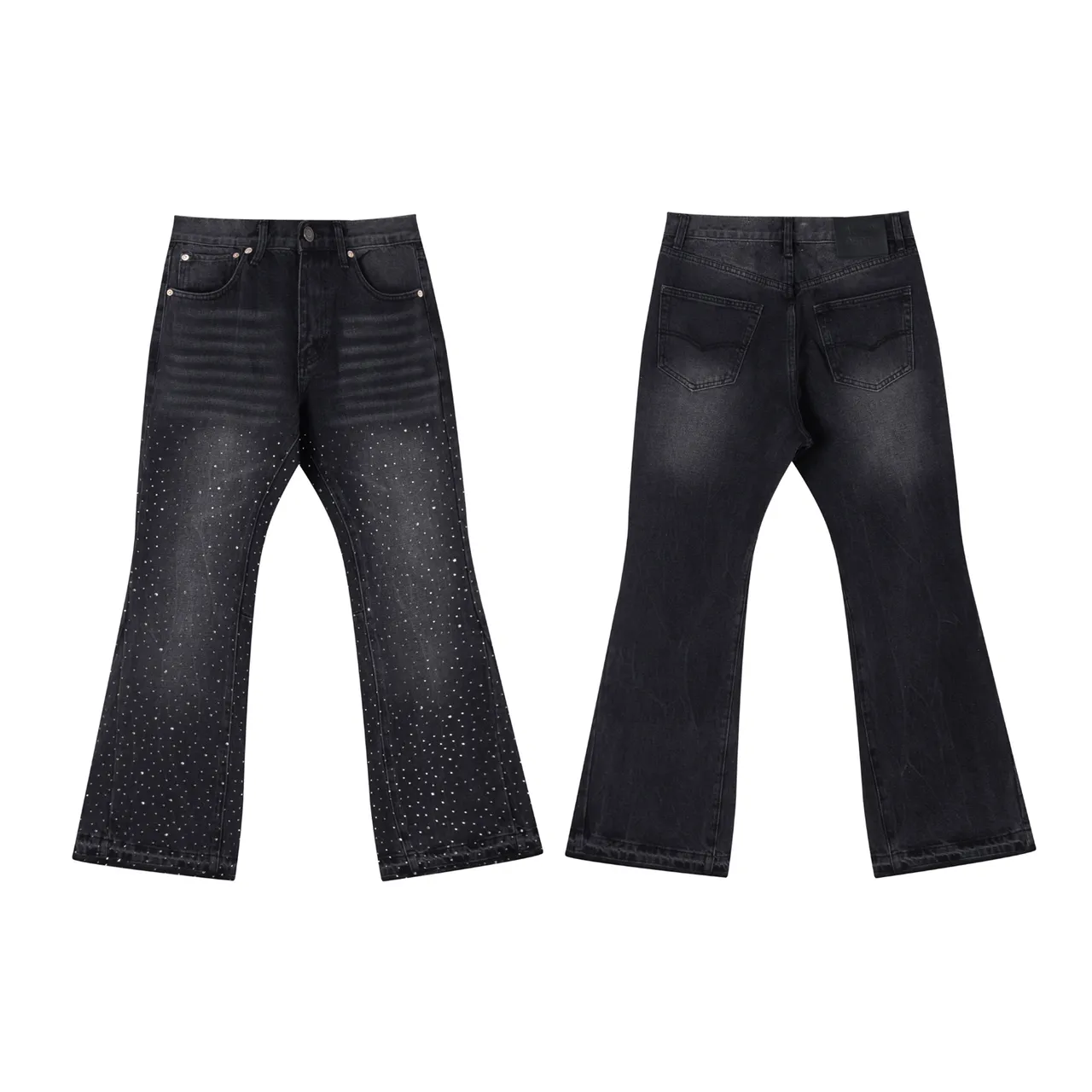 Black Speckled Flared-Leg Denim Jeans