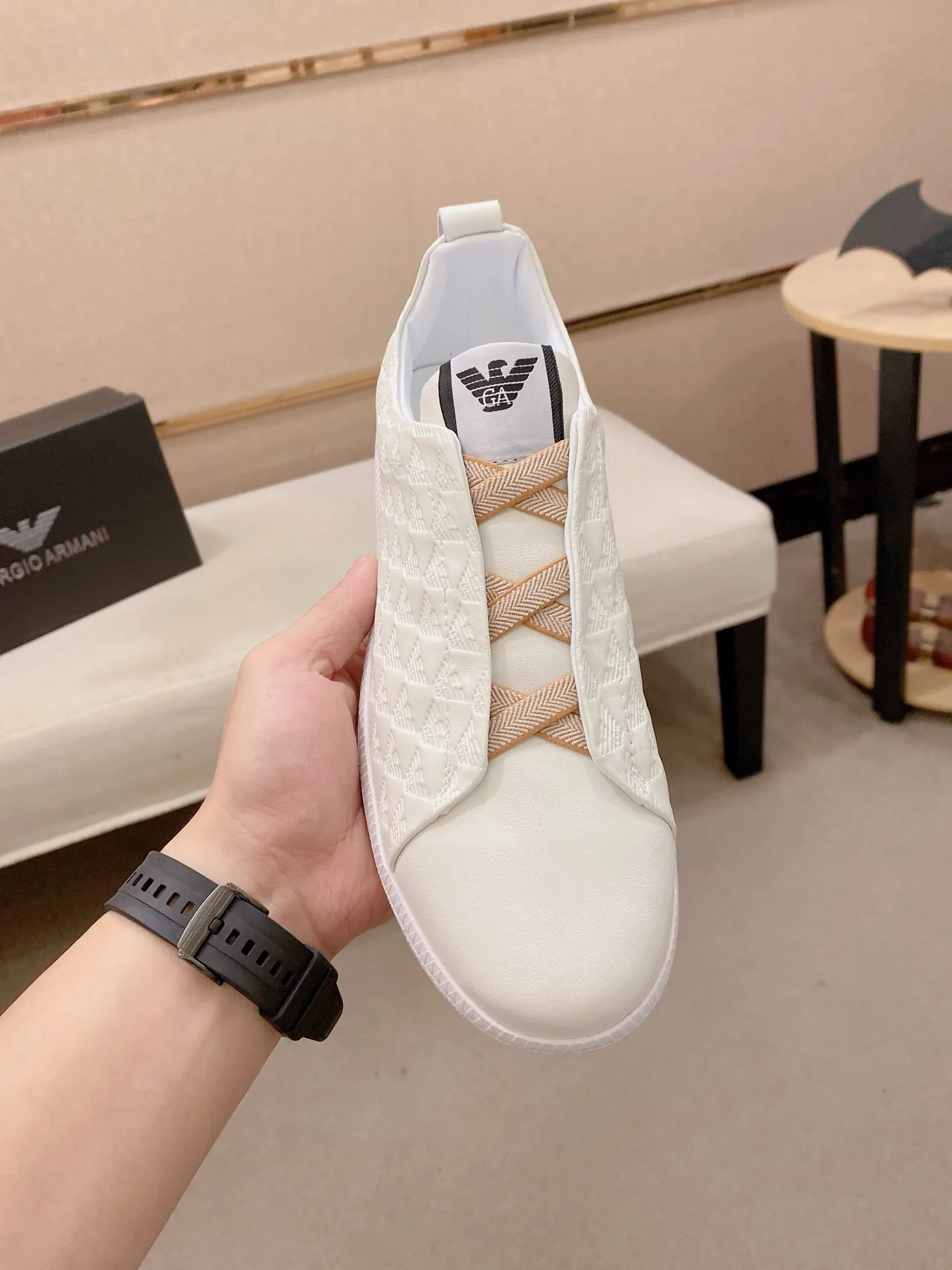 Emporio Armani Quilted Eagle Slip-On White Lifestyle Sneakers