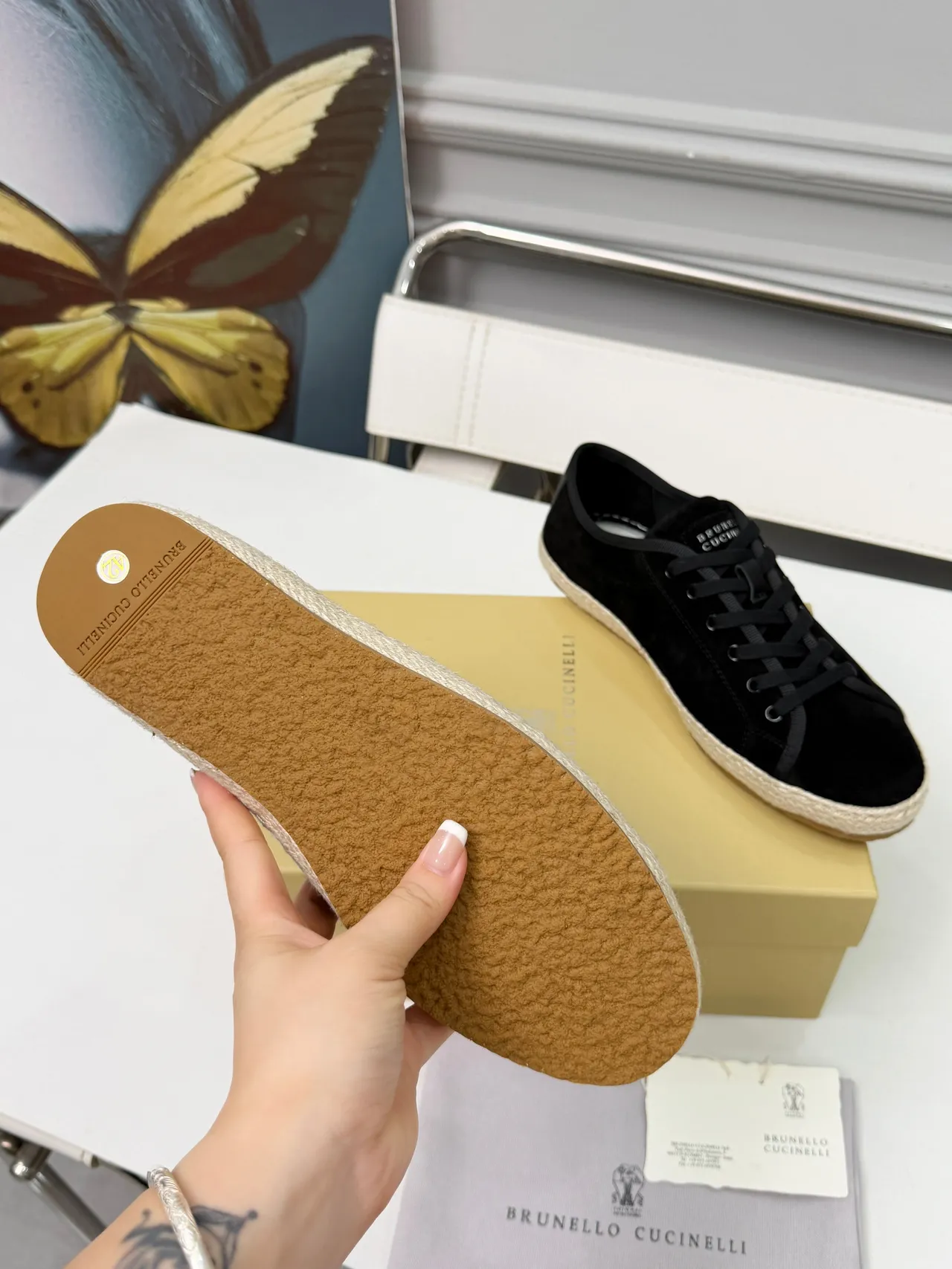 Brunello Cucinelli Black Beige Suede Upper Jute-Wrapped Espadrille Sole Boat Shoes