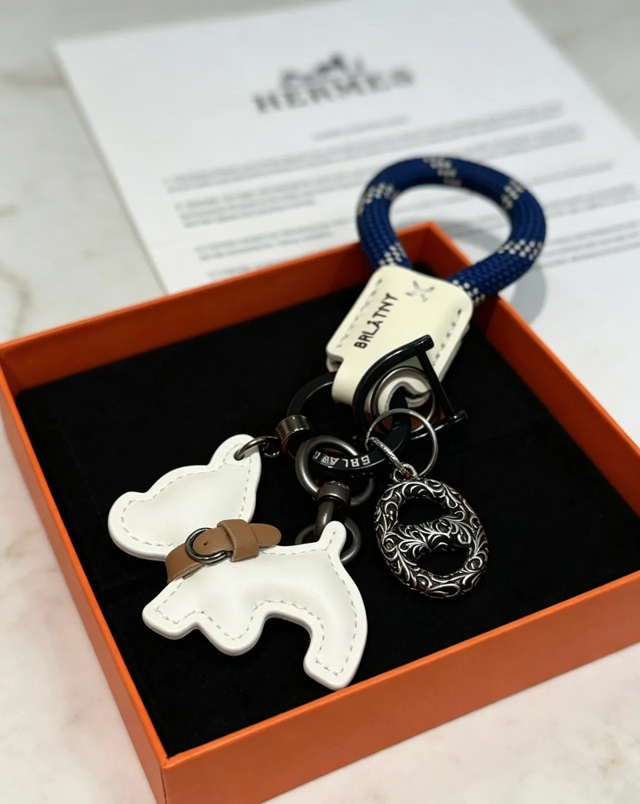 Hermès Dog Charm Keychain White Navy Leather Rope Loop Handbag
