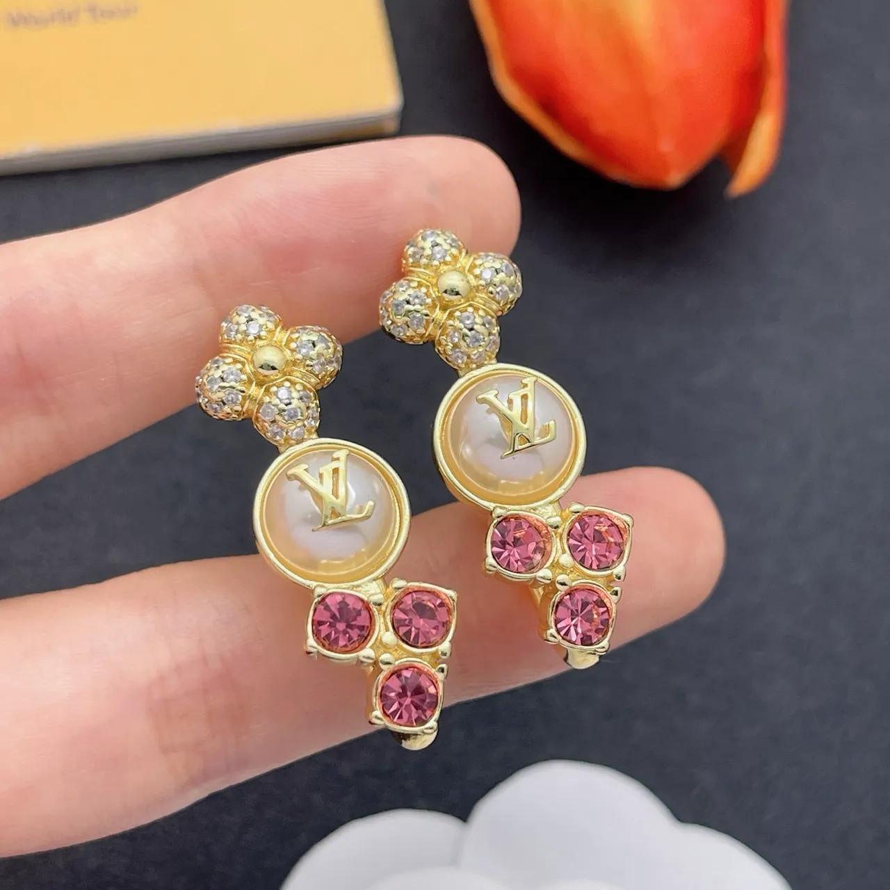 Louis Vuitton Gold Pink Floral-Top Pearl-Drop Earrings