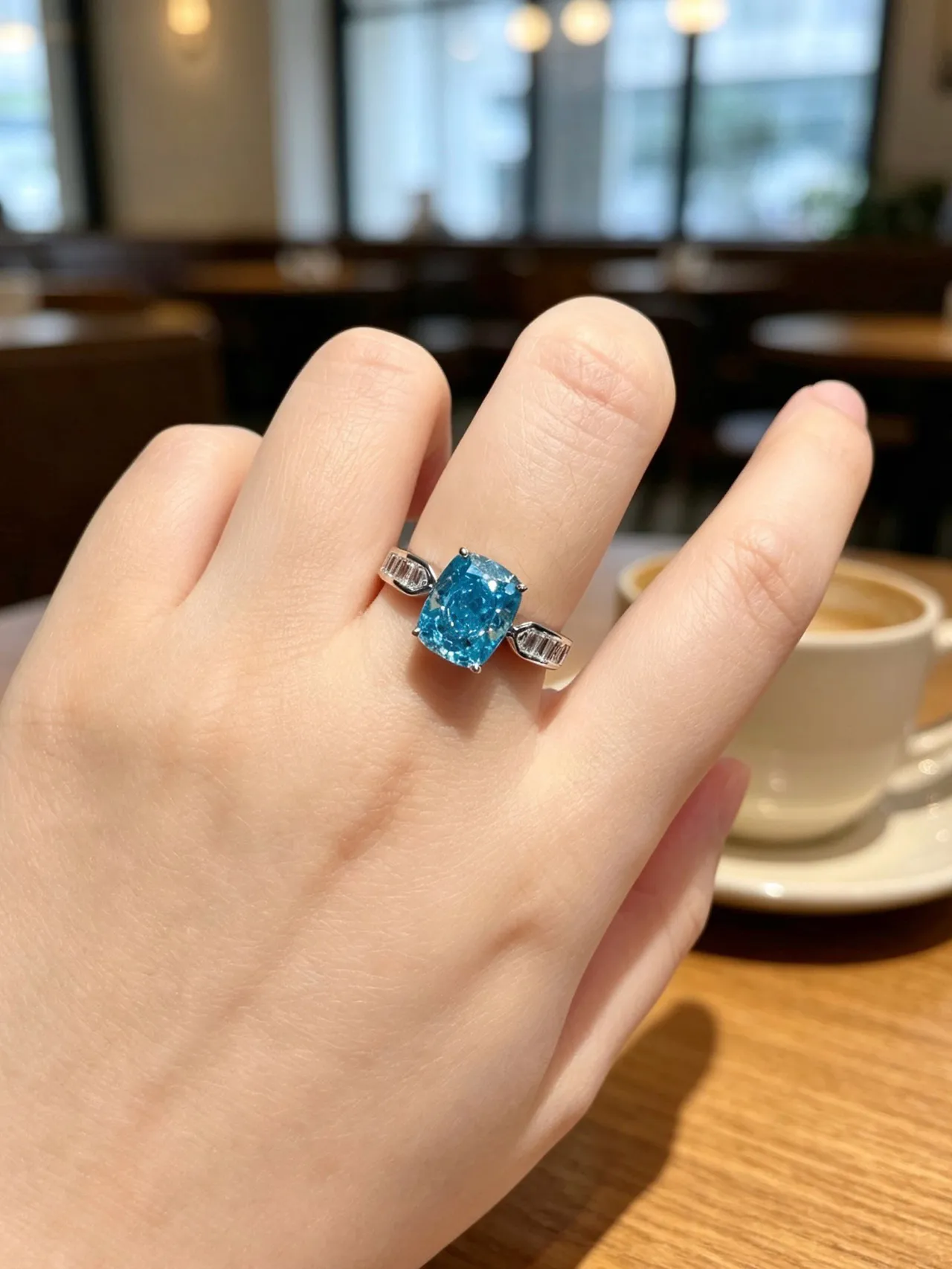 Blue Silver Cushion-Cut Central Stone Baguette Side Accents Ring
