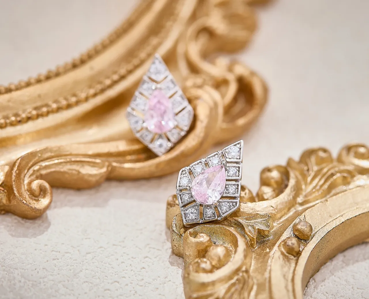 Pear-Shaped Pink Gemstone Geometric Halo Stud Earrings