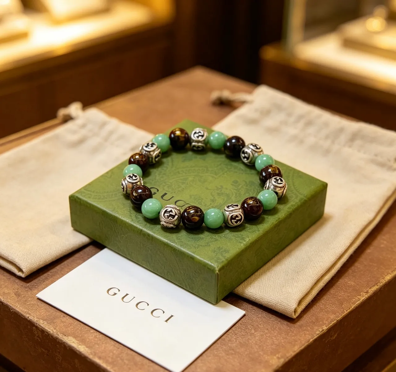 Gucci Green Brown Beaded Spherical Stone Beads Bracelet