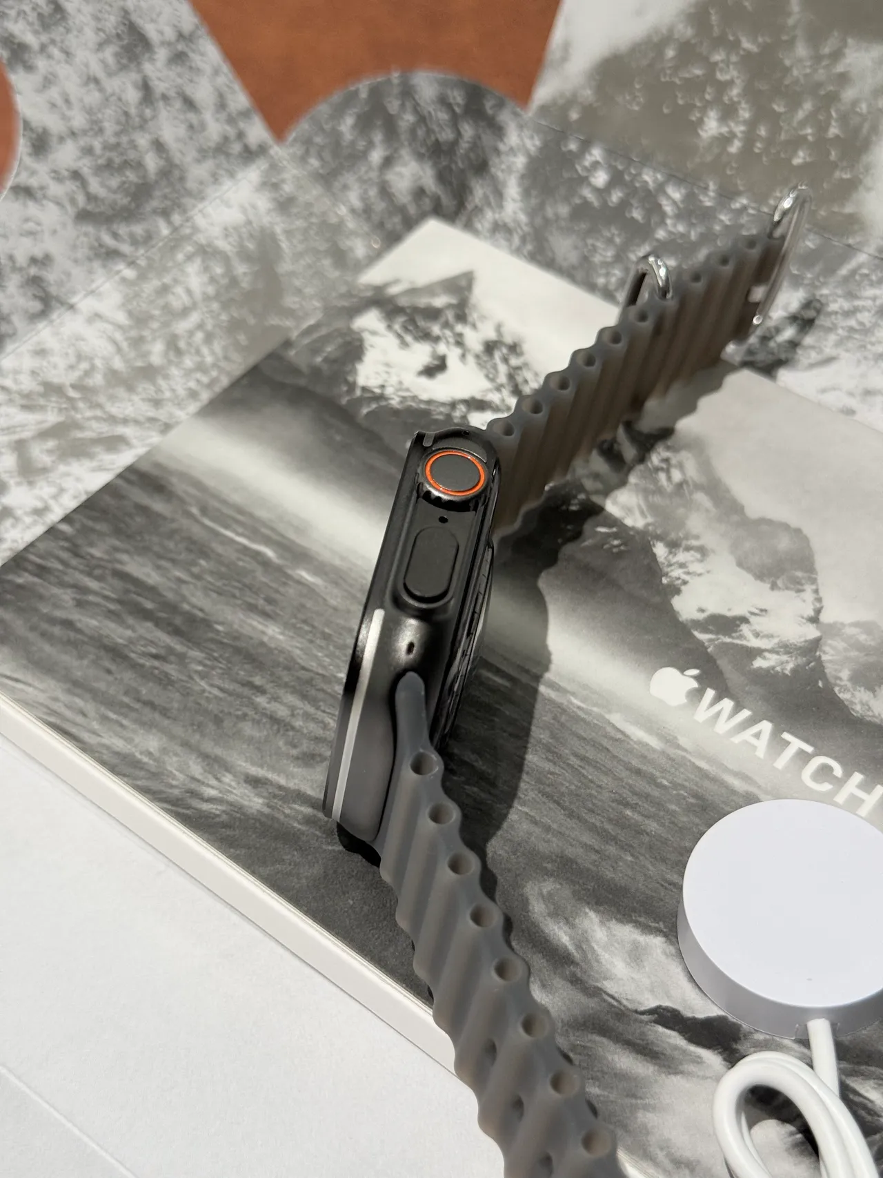 Apple Ultra Gray Orange Square Titanium-Style Case Ribbed Silicone Band Sports Watch