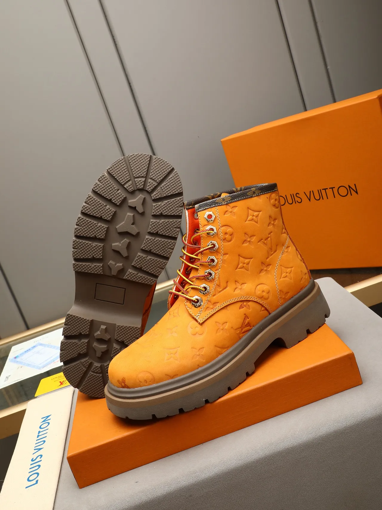 Louis Vuitton Orange Brown Embossed Monogram Suede-Like Texture Work Boots