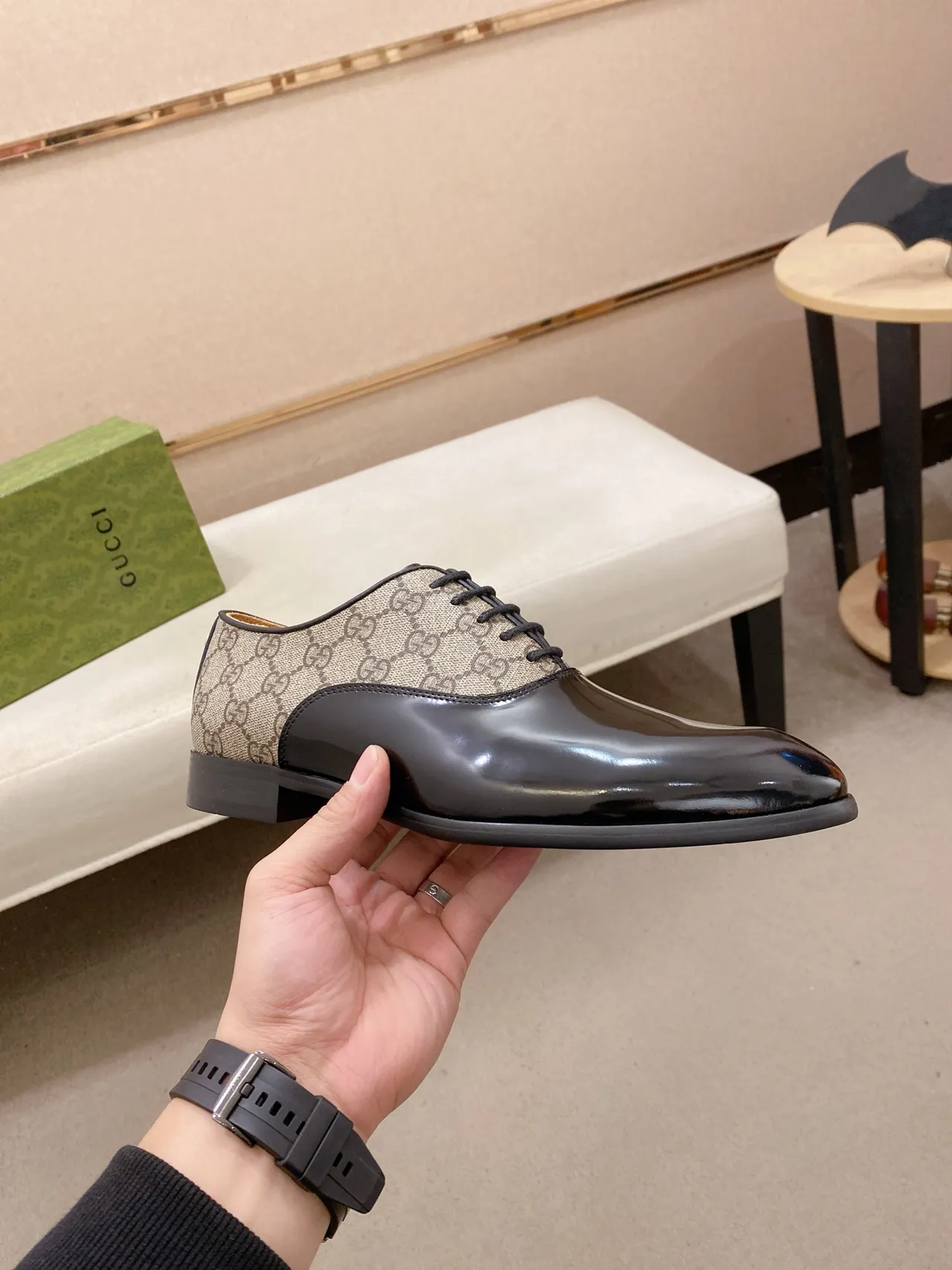 Gucci Two-Tone GG Monogram Patent Leather Oxford Shoes