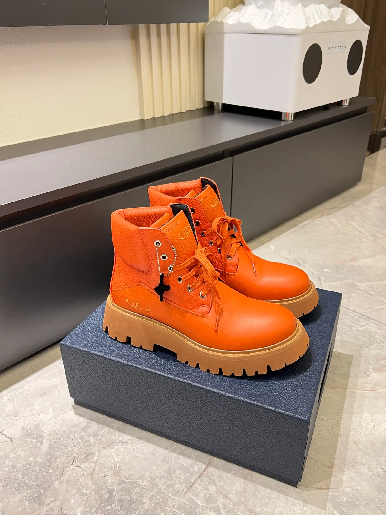 Dior Orange Beige Chunky Lug Sole Padded Collar Ankle Boots