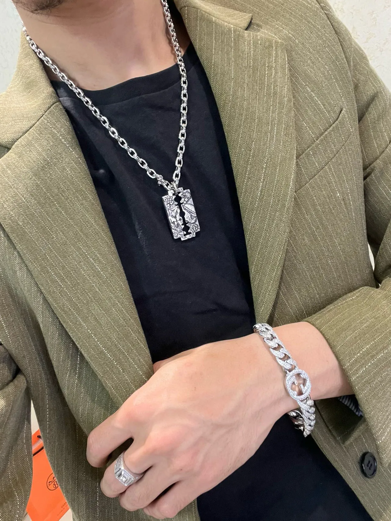 Balenciaga Razor Blade Pendant Silver Chain Necklace
