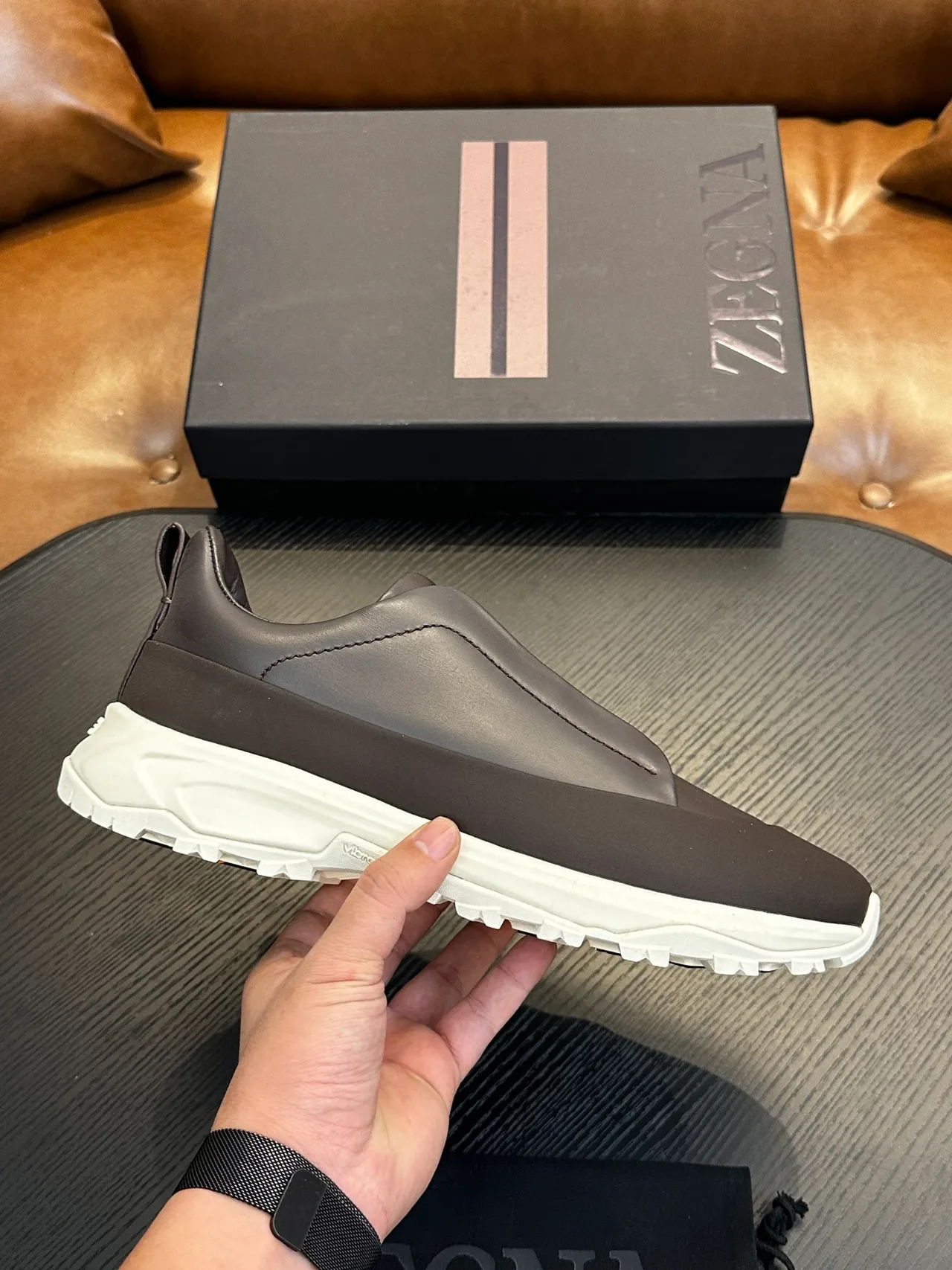 Zegna Brown White Slip-On Leather Upper Lifestyle Sneakers