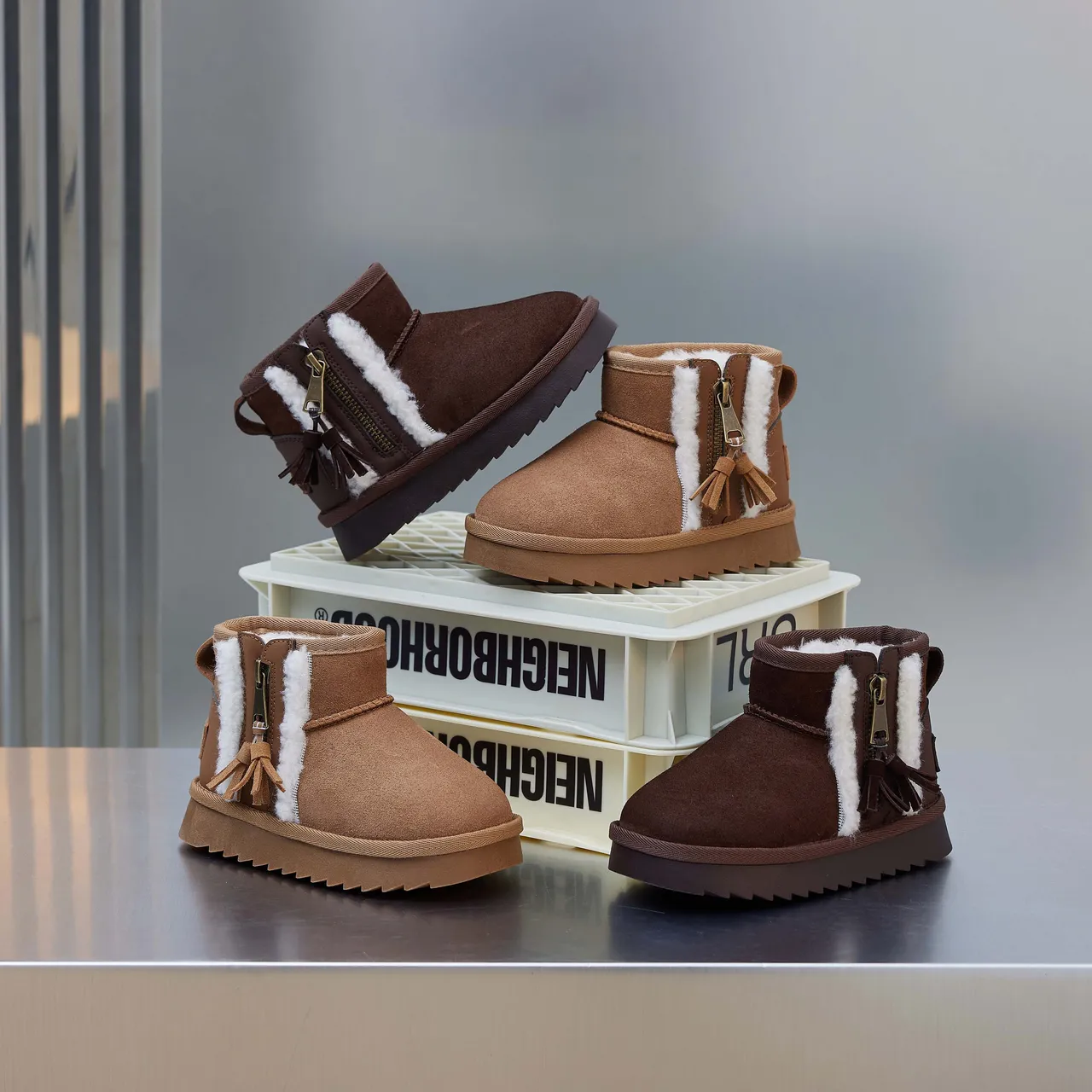 UGG Brown Beige Suede Upper Shearling-Lined Snow Boots