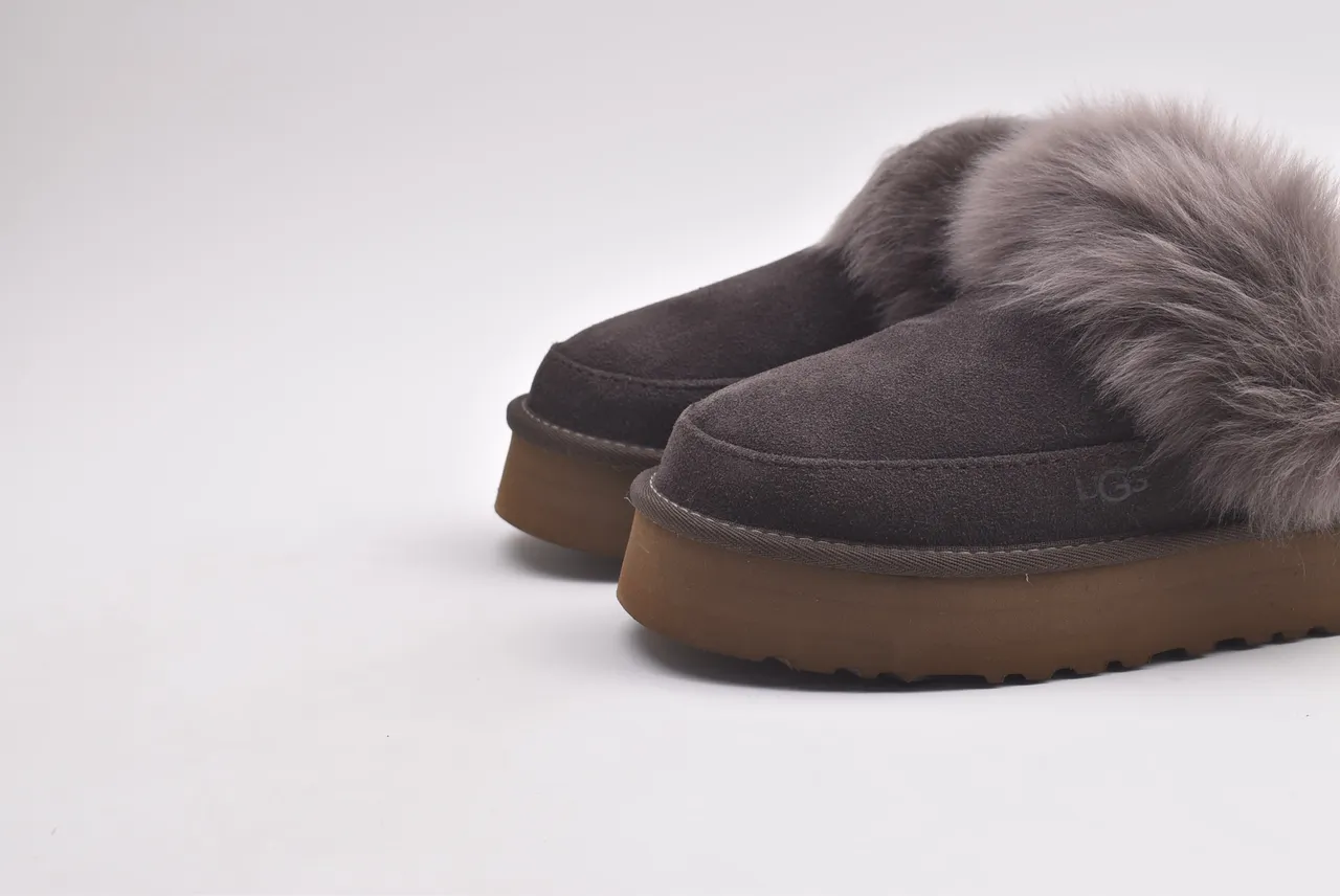 UGG Gray Brown Platform Sole Fur-Trimmed Slippers