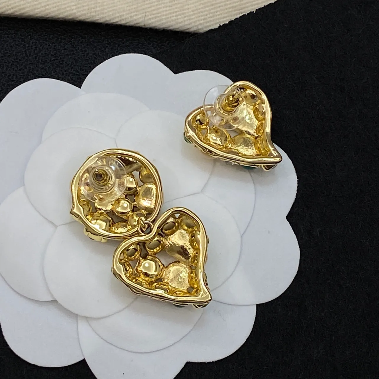 Chanel Green Gold Heart-Shaped Cluster-Set Earrings