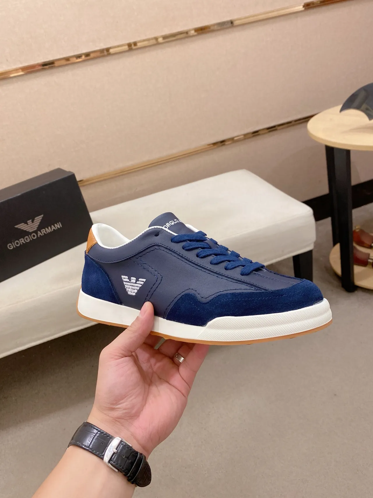 Emporio Armani Navy Blue Leather-Suede Eagle Logo Lifestyle Sneaker