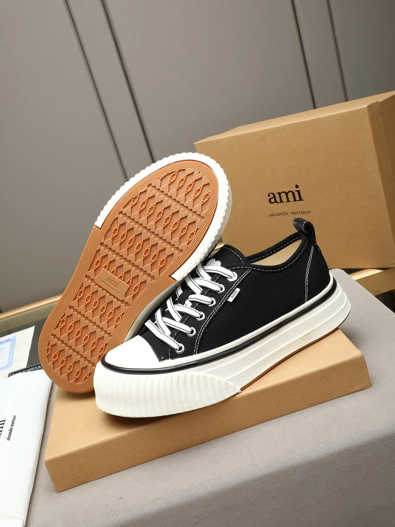 AMI Paris Black Canvas Platform Lifestyle Sneakers