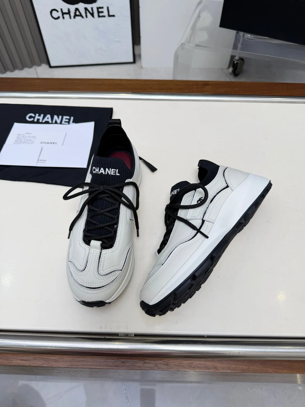Chanel White and Black Leather CC Logo Chunky Sneakers