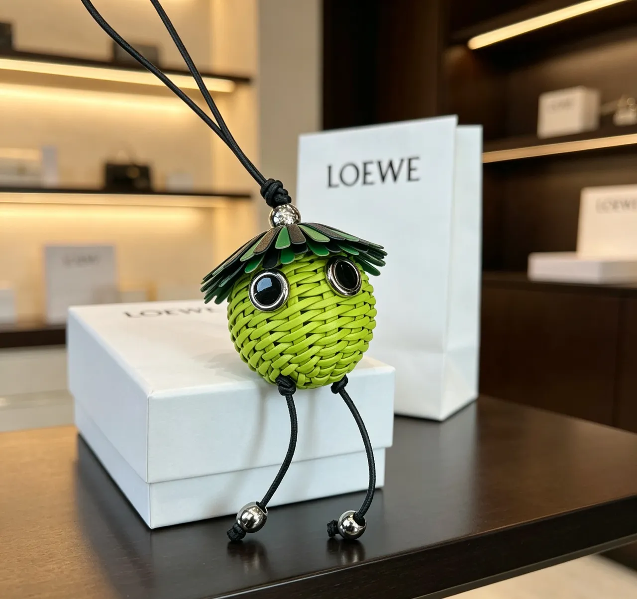 Loewe Green Black Woven Lime Sphere Fringed Cap Handbag
