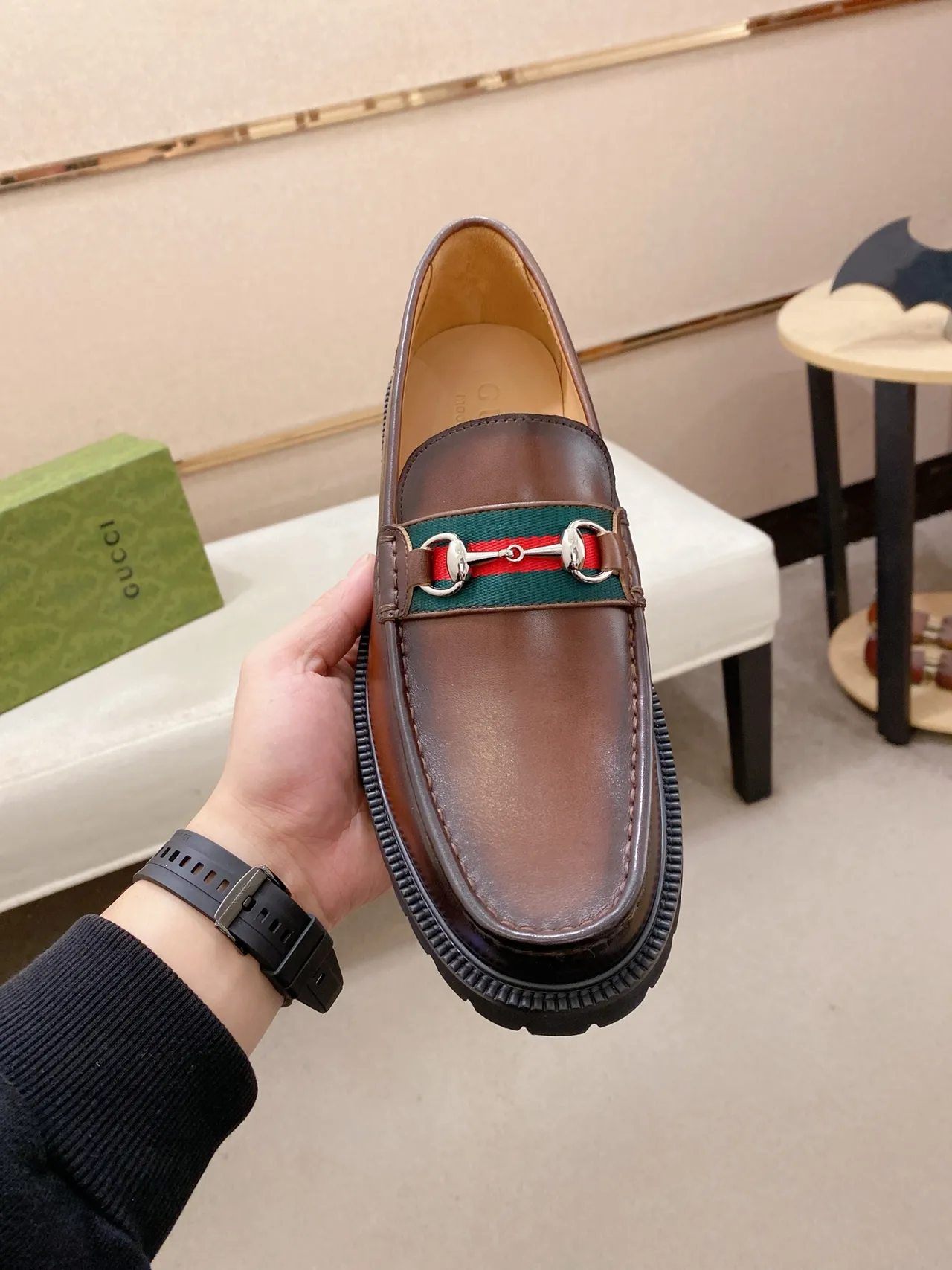 Gucci Horsebit 1955 Brown Black Polished Leather Web Stripe Accent Loafer