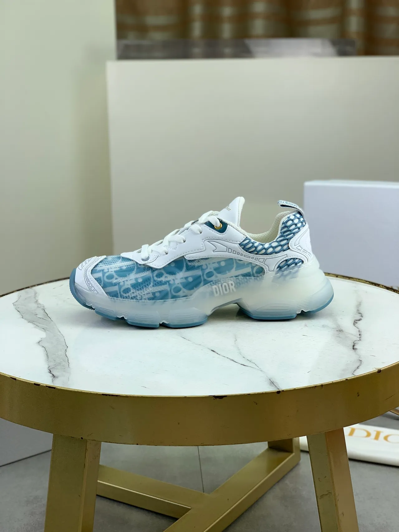 Dior White Blue Sole Transparent Midsole Chunky Sneakers