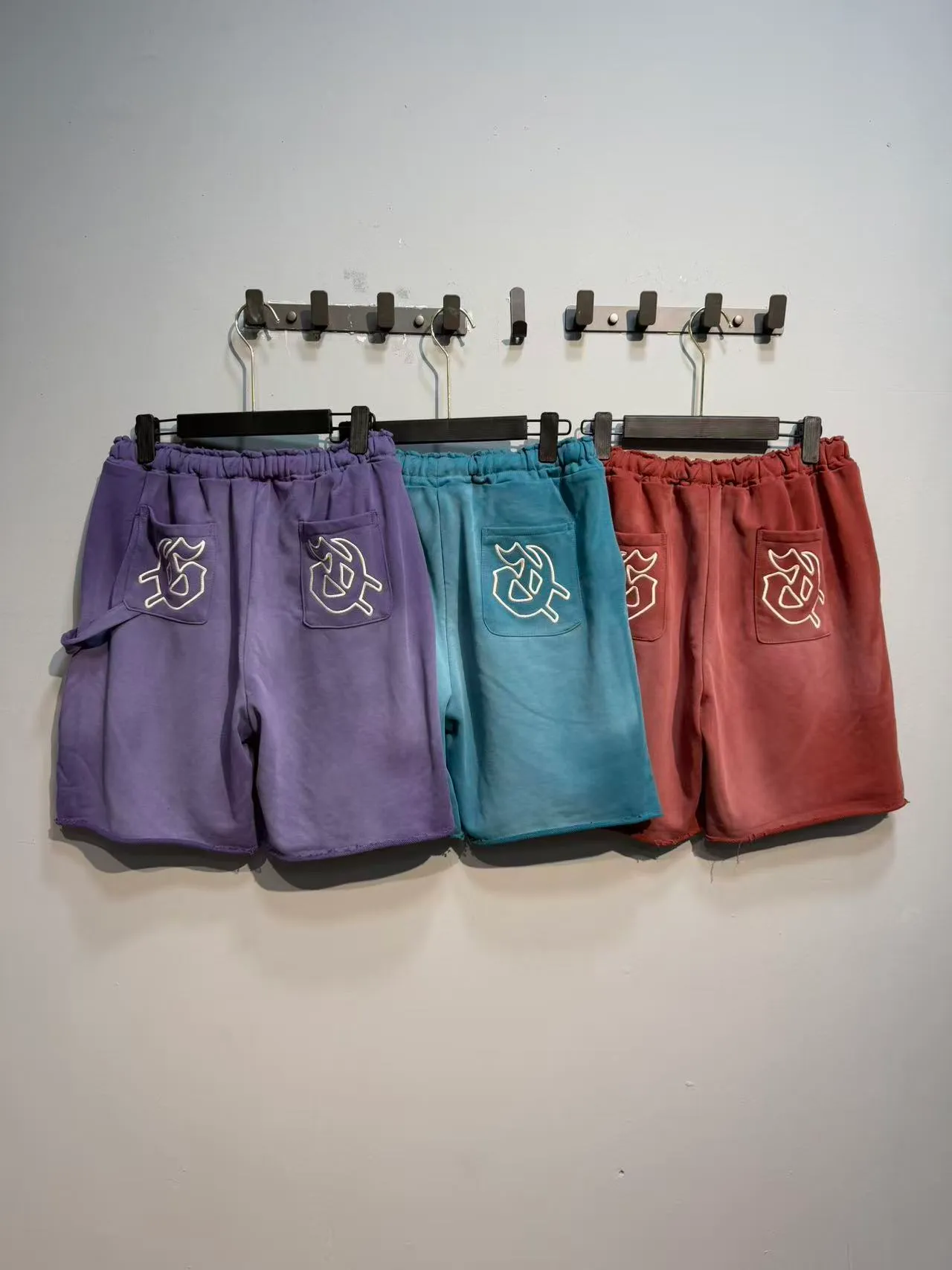 Purple Blue Elastic Waist Patch Pockets Shorts