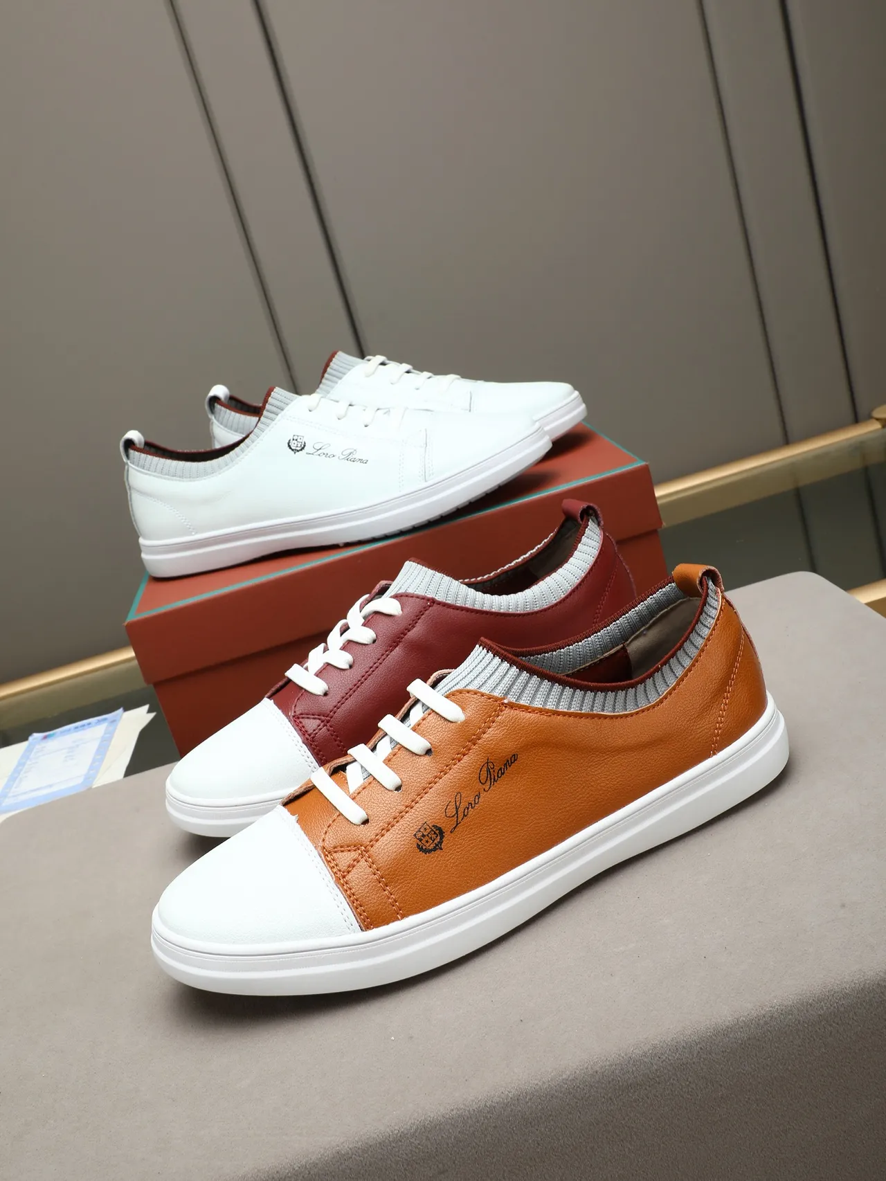 Loro Piana White Leather Knit-Collar Lifestyle Sneaker