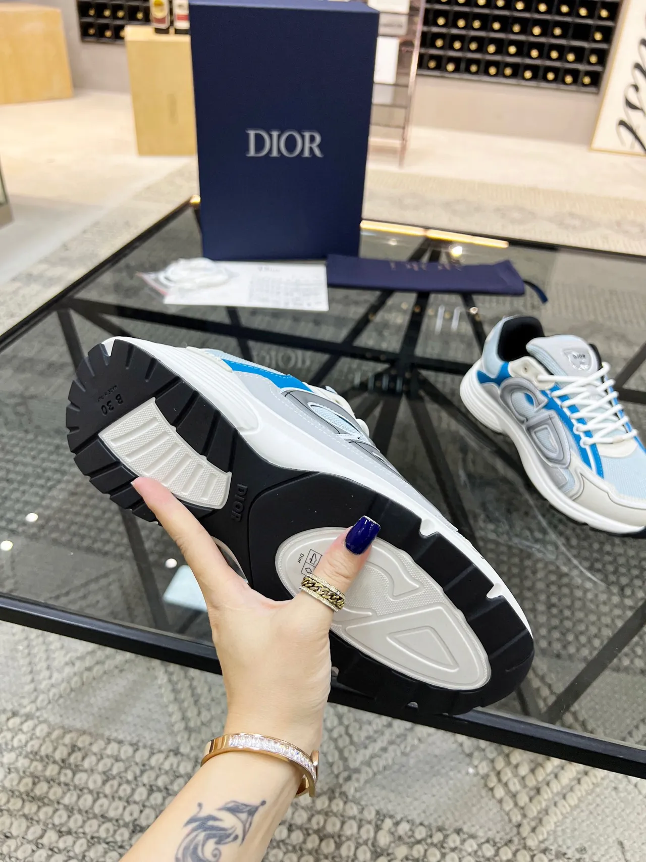 Dior B23 Blue Gray Oversized Logo Motif Layered Mesh And Synthetic Overlays Chunky Sneakers