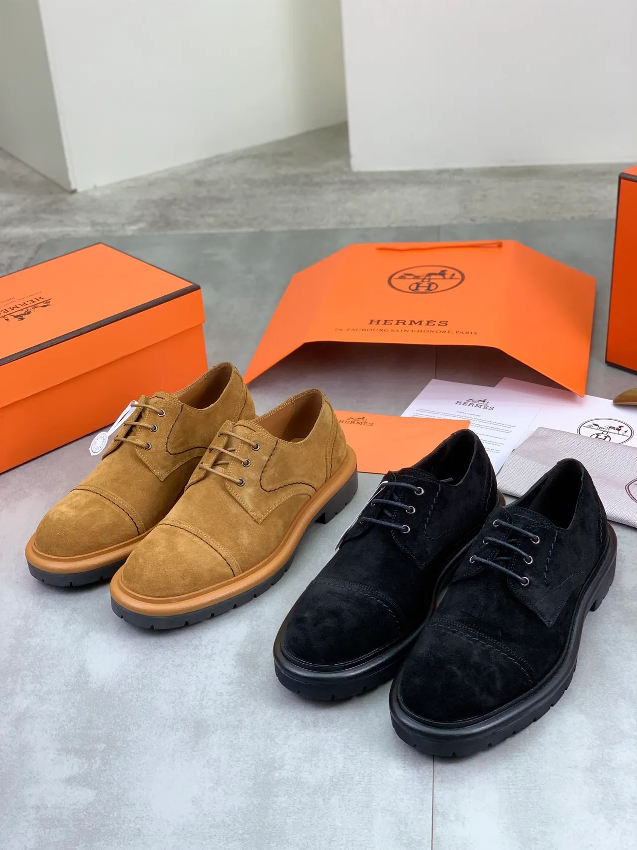 Hermès Brown Beige Suede Cap-Toe Contrast Topstitching Derby Shoes