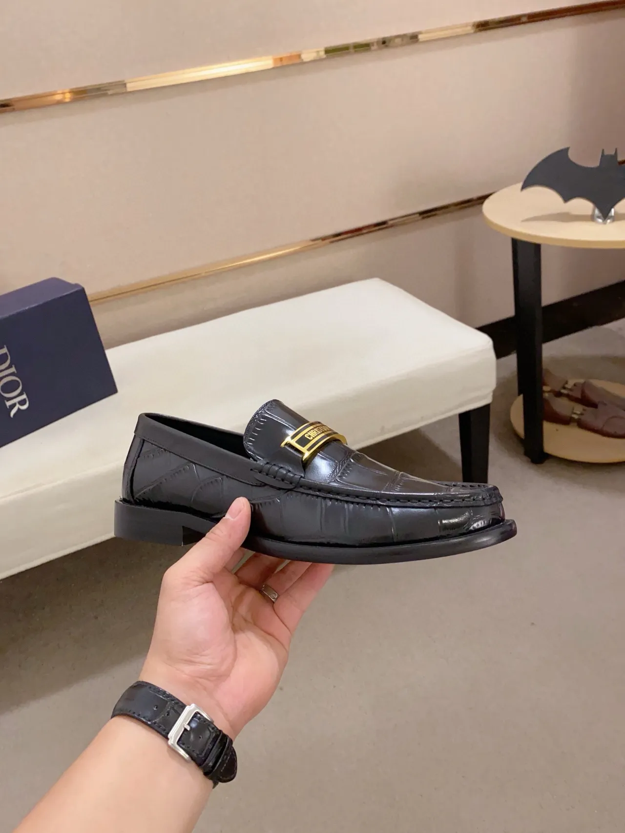 Dior Black Gold Croc-Embossed Leather Logo Plaque Loafer