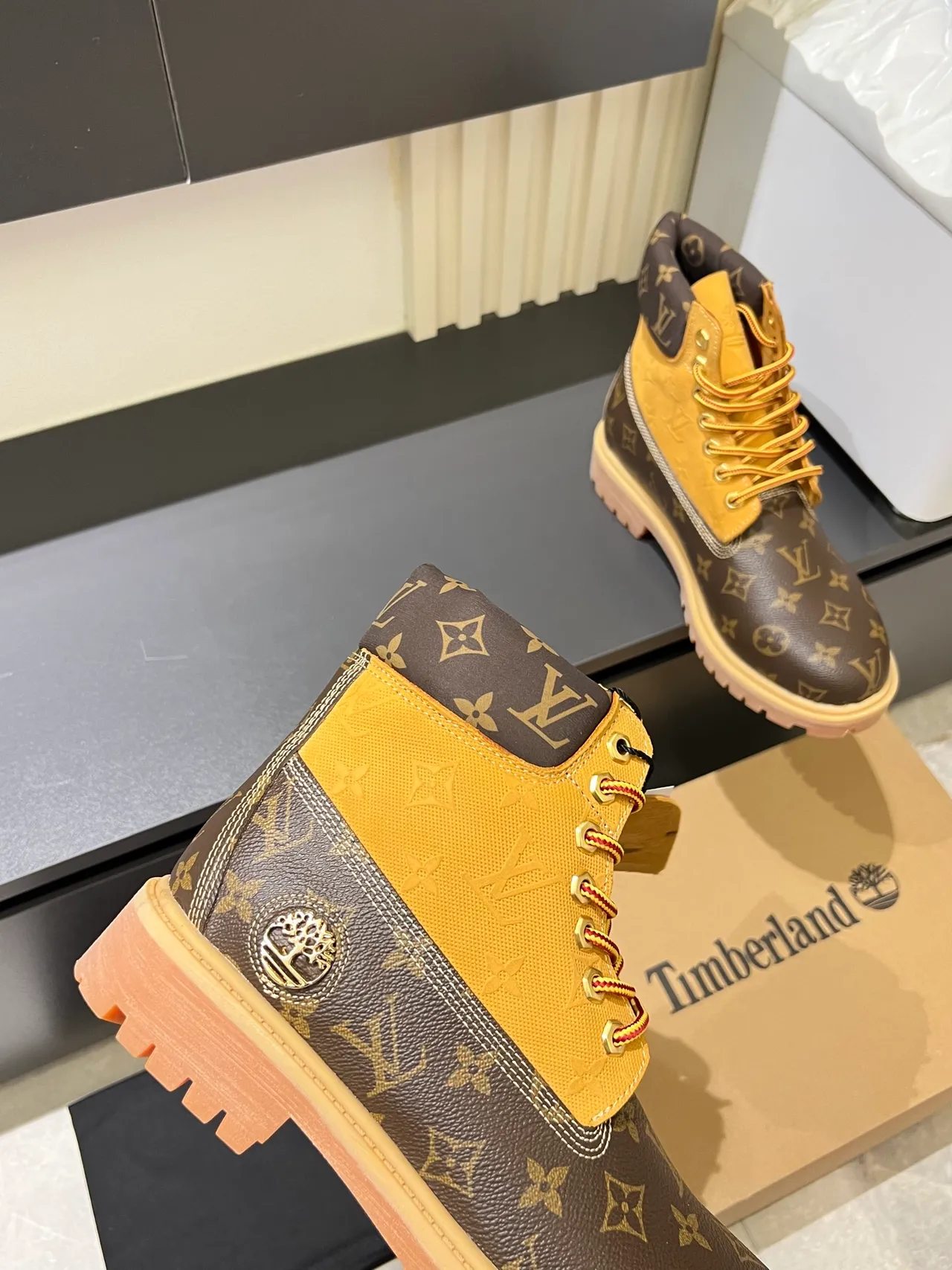 Timberland Premium 6-Inch Monogram Canvas and Yellow Work Boots