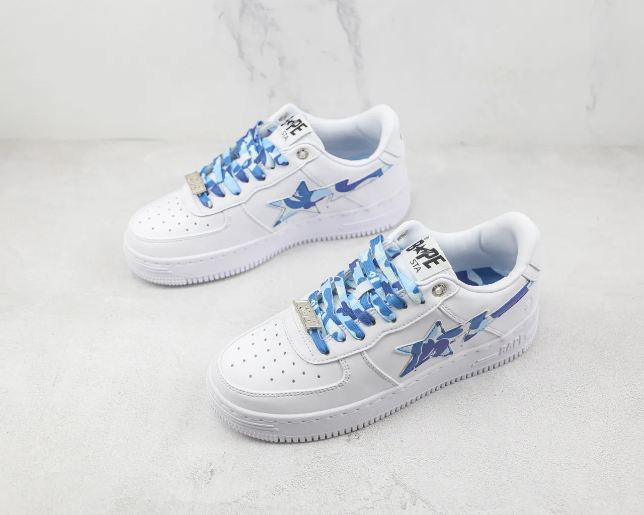 A Bathing Ape White Blue Leather Upper Camo Star Logo Lifestyle Sneakers