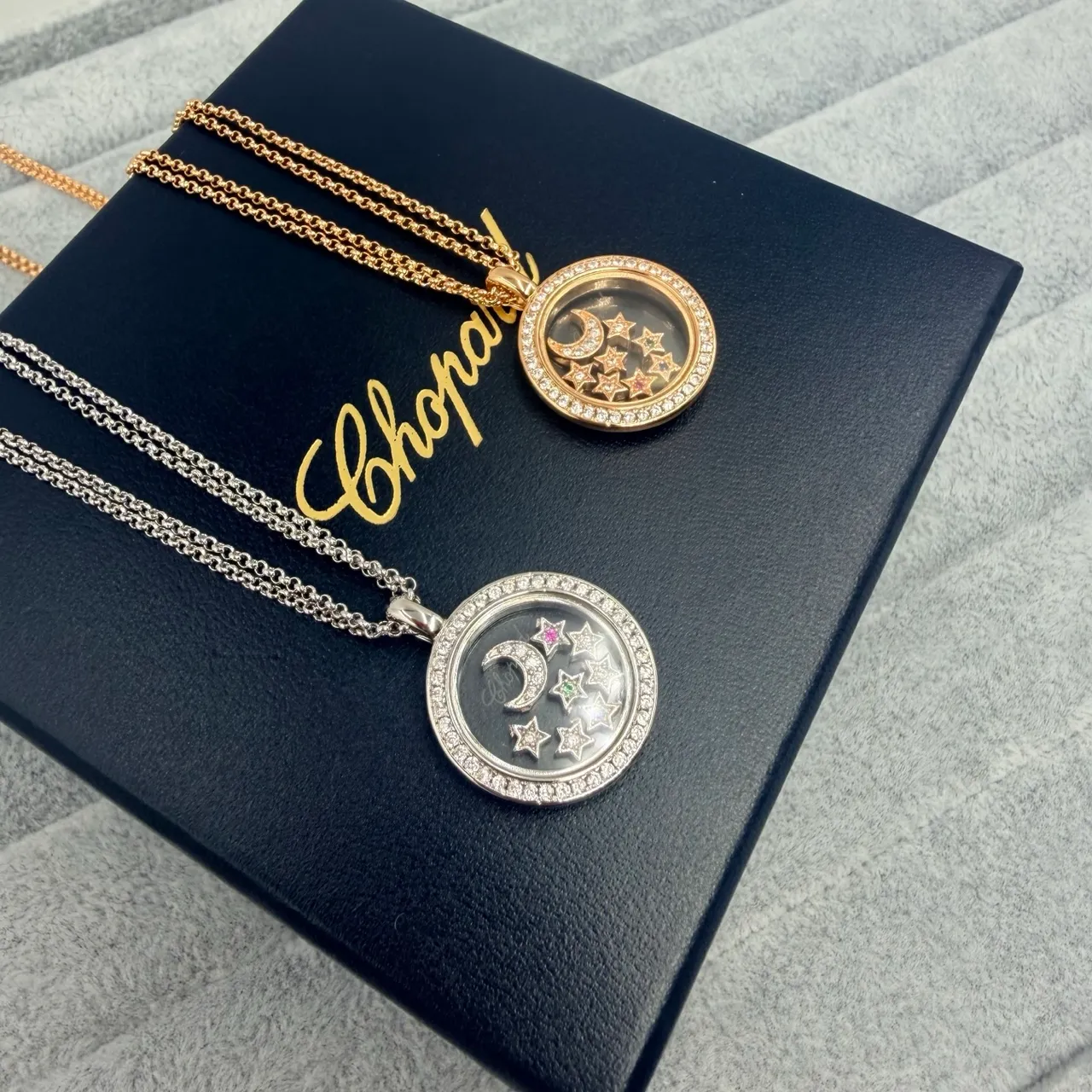 Chopard Happy Stars Silver Gold Circular Locket Pendant Pavé Diamond Bezel Necklace