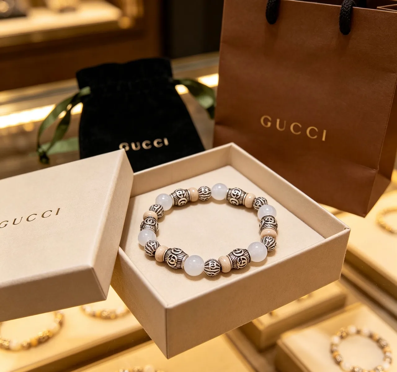 Gucci Beige Silver Beaded Ornate Metalwork Bracelet