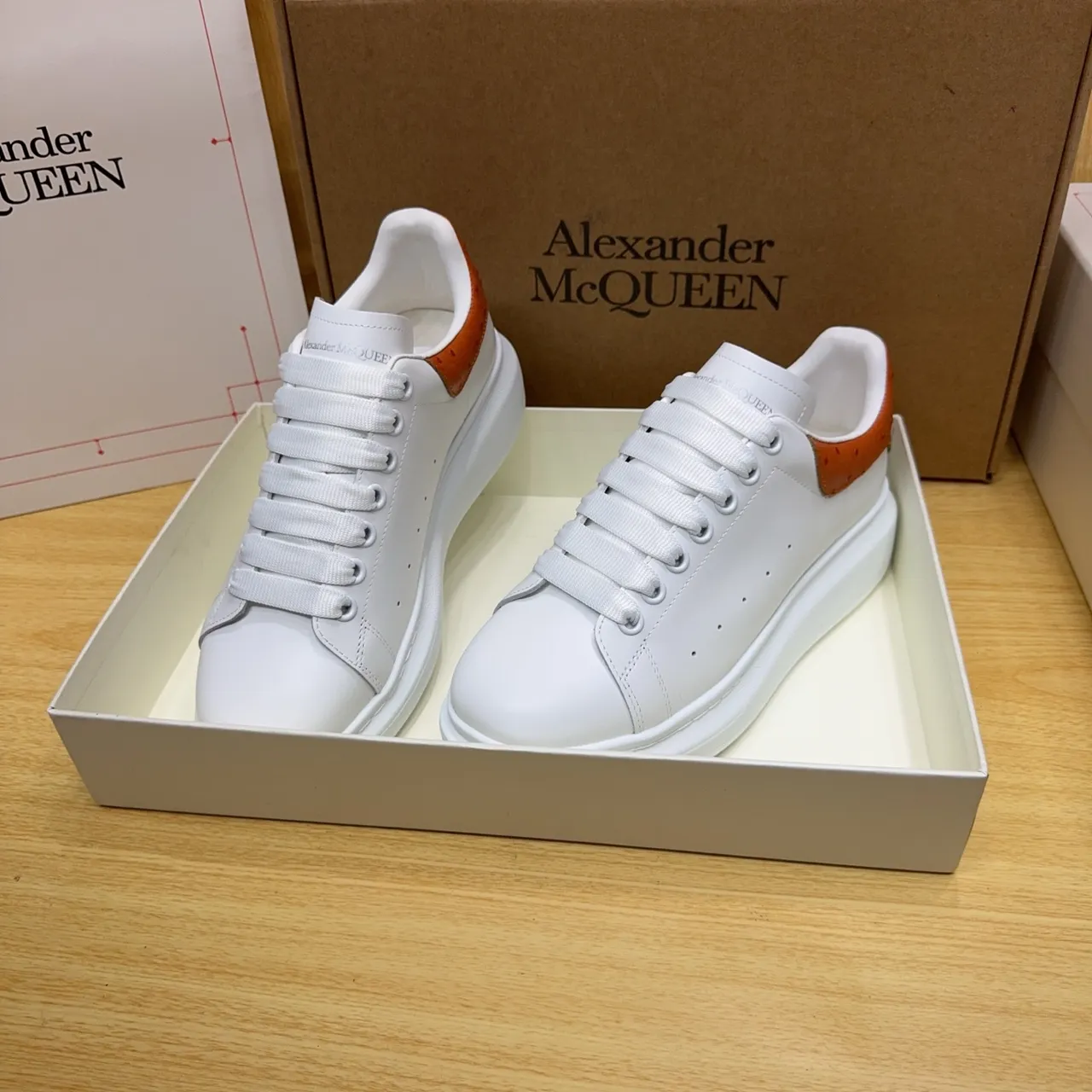 Alexander McQueen Oversized Sneaker White Orange Platform Sole Perforated Side Panel Chunky Sneakers