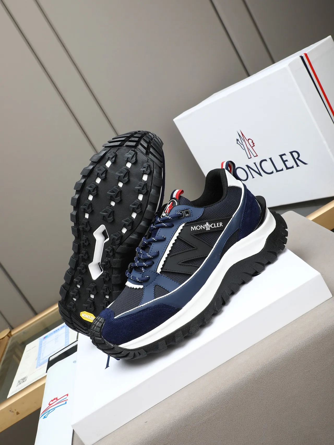 Moncler Navy Black Blue Suede And Mesh Upper White Midsole Stripe Sneakers