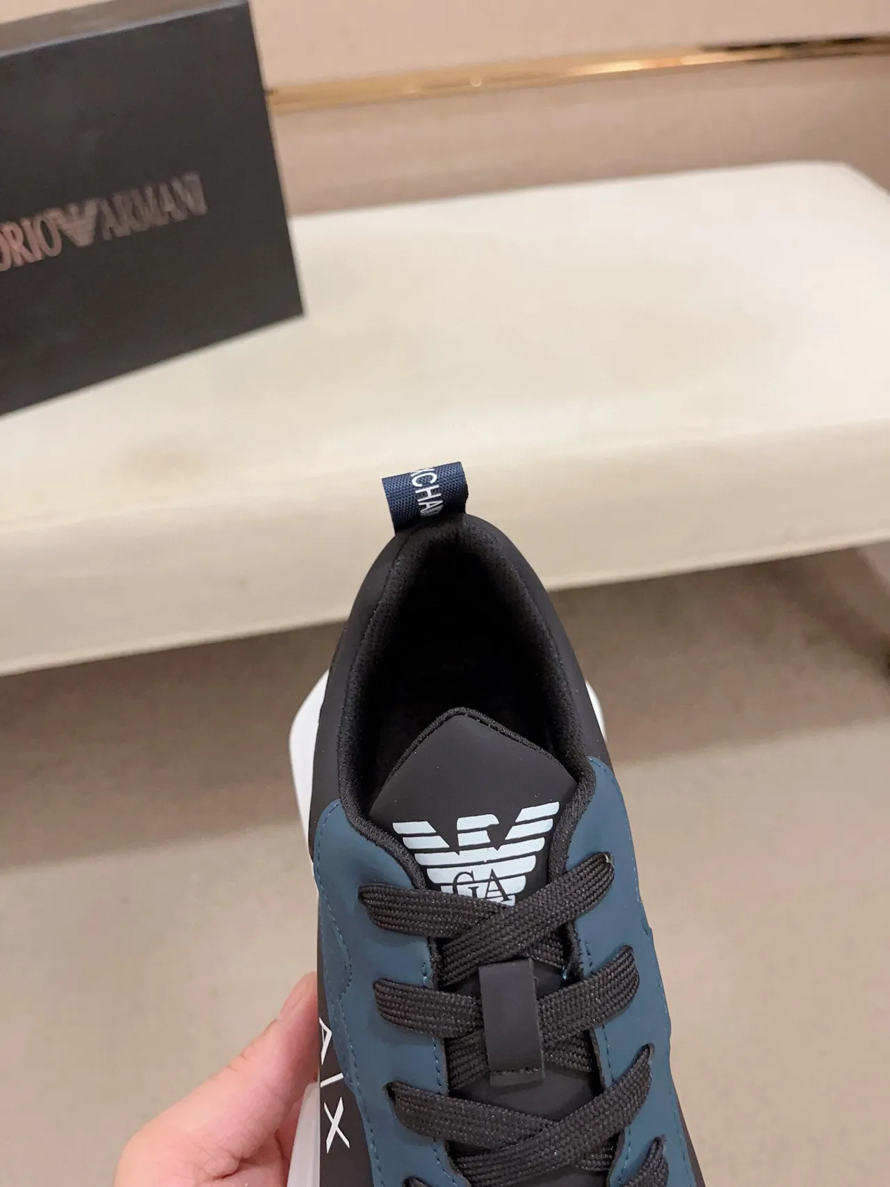 Armani Exchange Navy Black Mixed-Material Upper Sculpted Translucent Sole Sneakers
