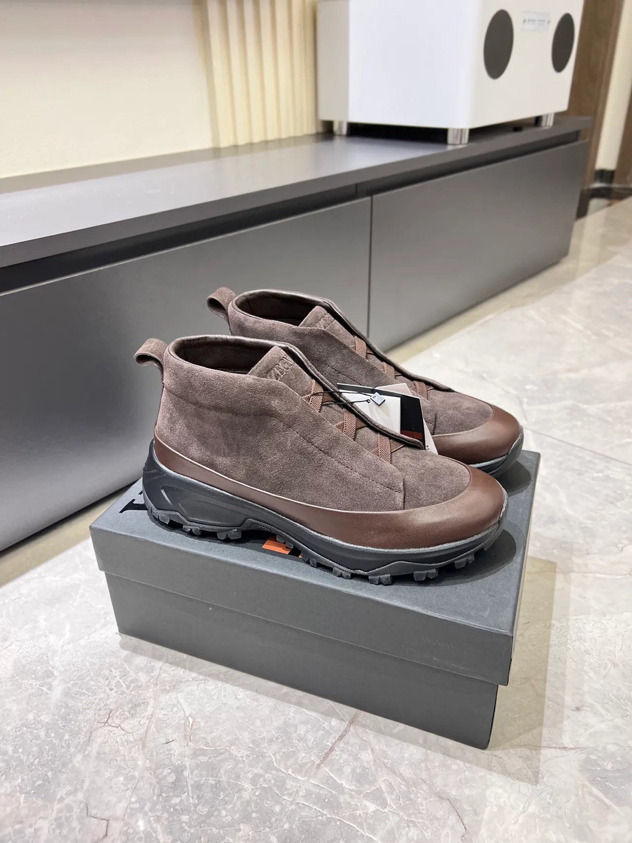 Brown Black Suede Upper Slip-On Construction Ankle Boots