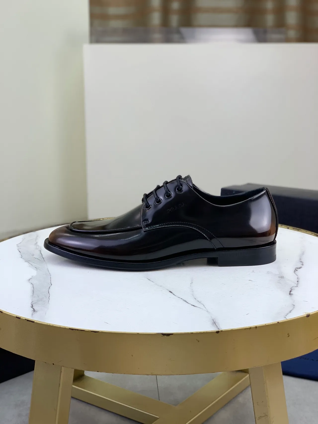 Prada Brown Black High-Gloss Patent Leather Cap-Toe Oxford Shoes