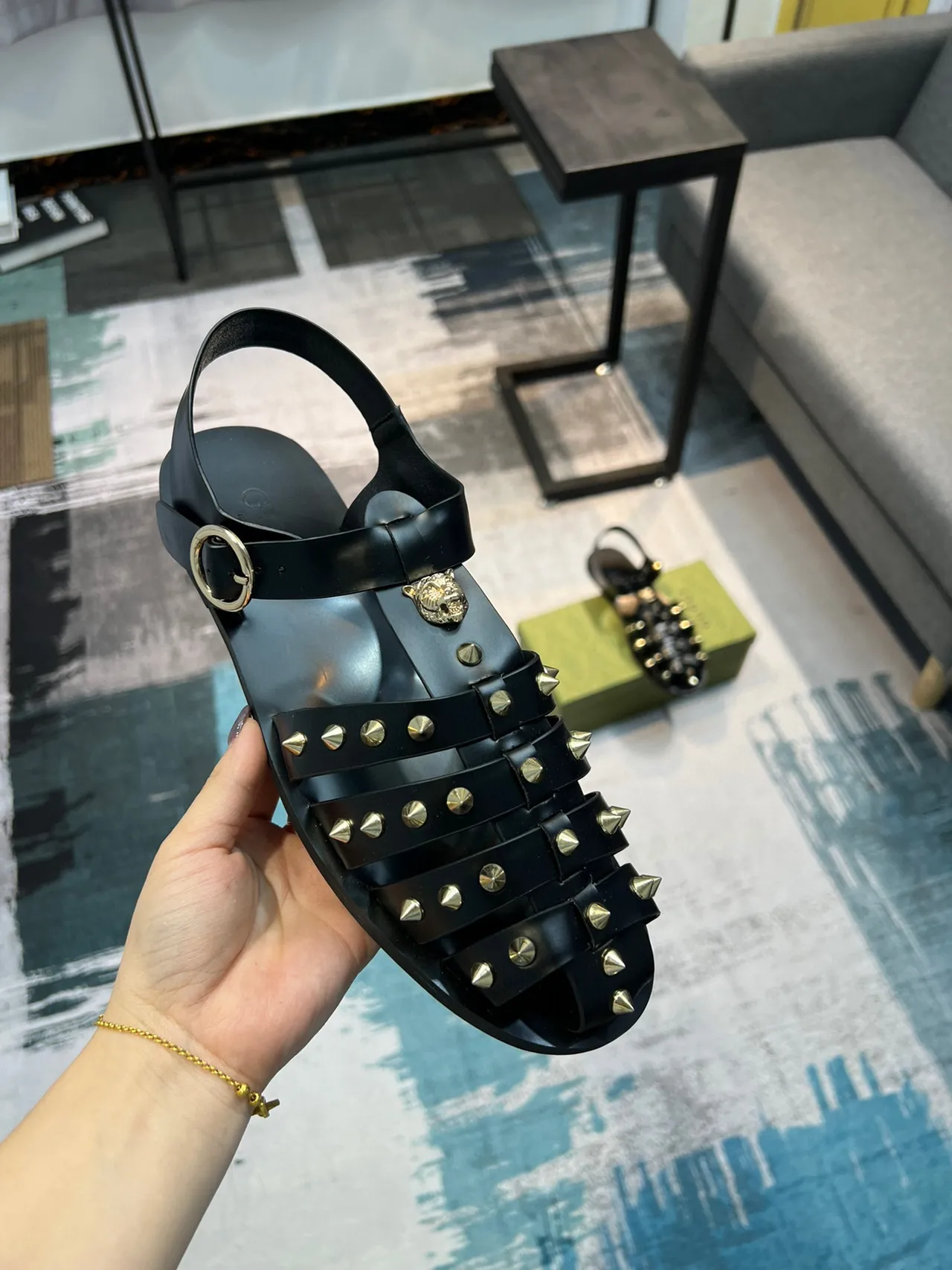 Gucci Dionysus Gladiator Black Gold Multi-Strap Studded Gladiator Sandals