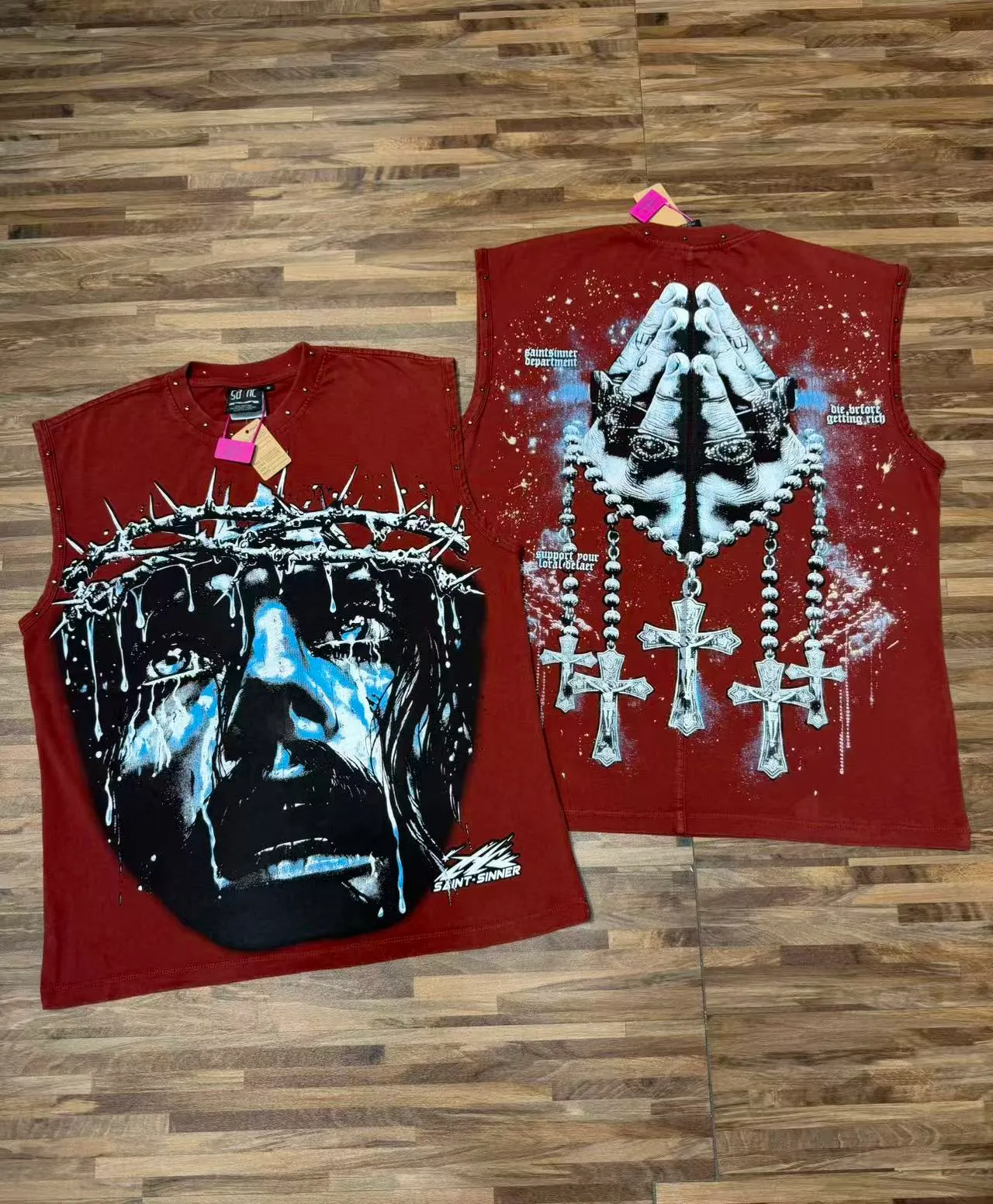 SAINT-SINNER Burgundy Black Graphic-Print Studded Shoulders Vest Top