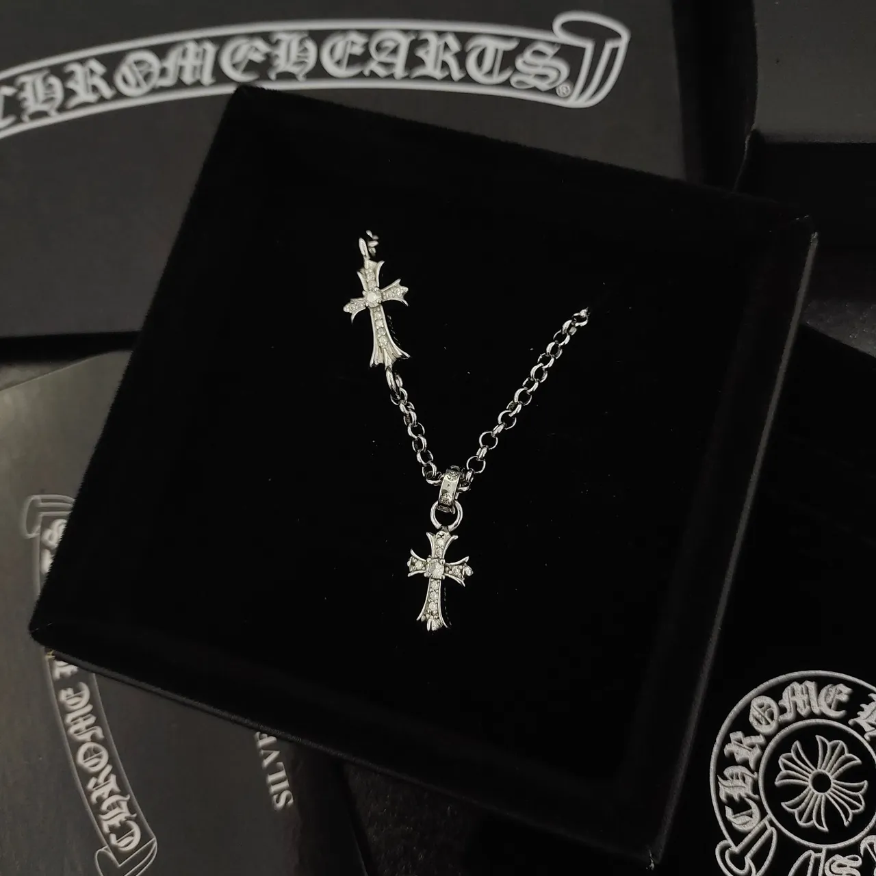 Chrome Hearts Dual Cross Pavé Pendant Necklace