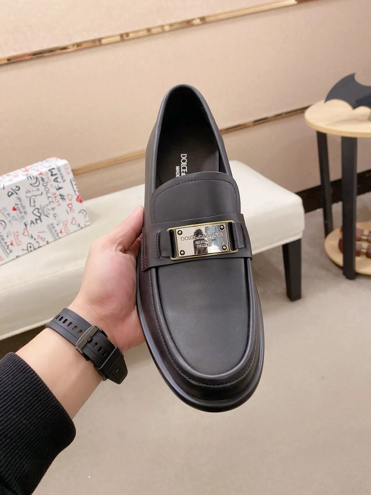 Dolce & Gabbana Portofino Black Gold Leather Metal Buckle Strap Loafer